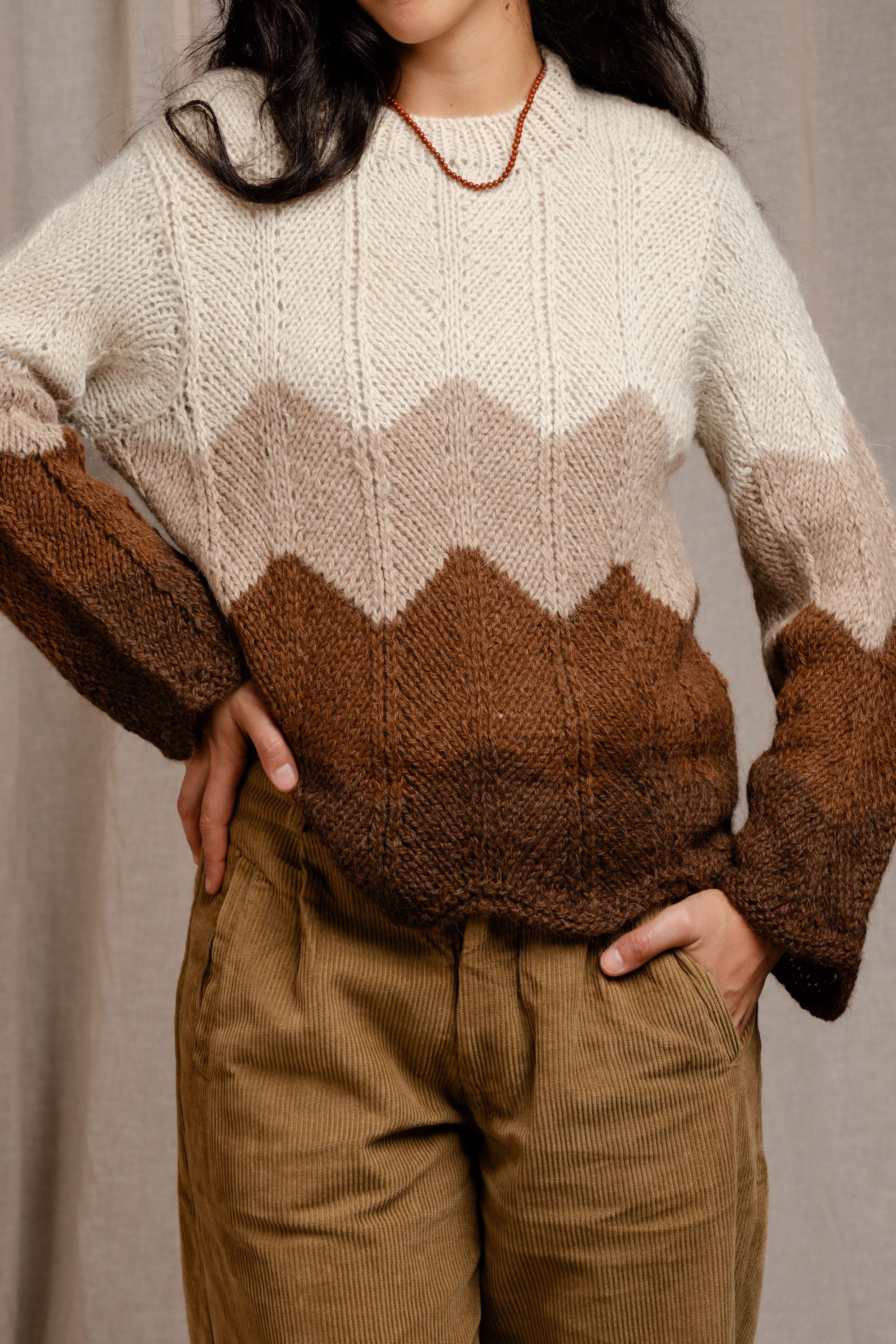 Hand Knitted Sierra Sweater, llama wool by Quechua artisans, Argentina