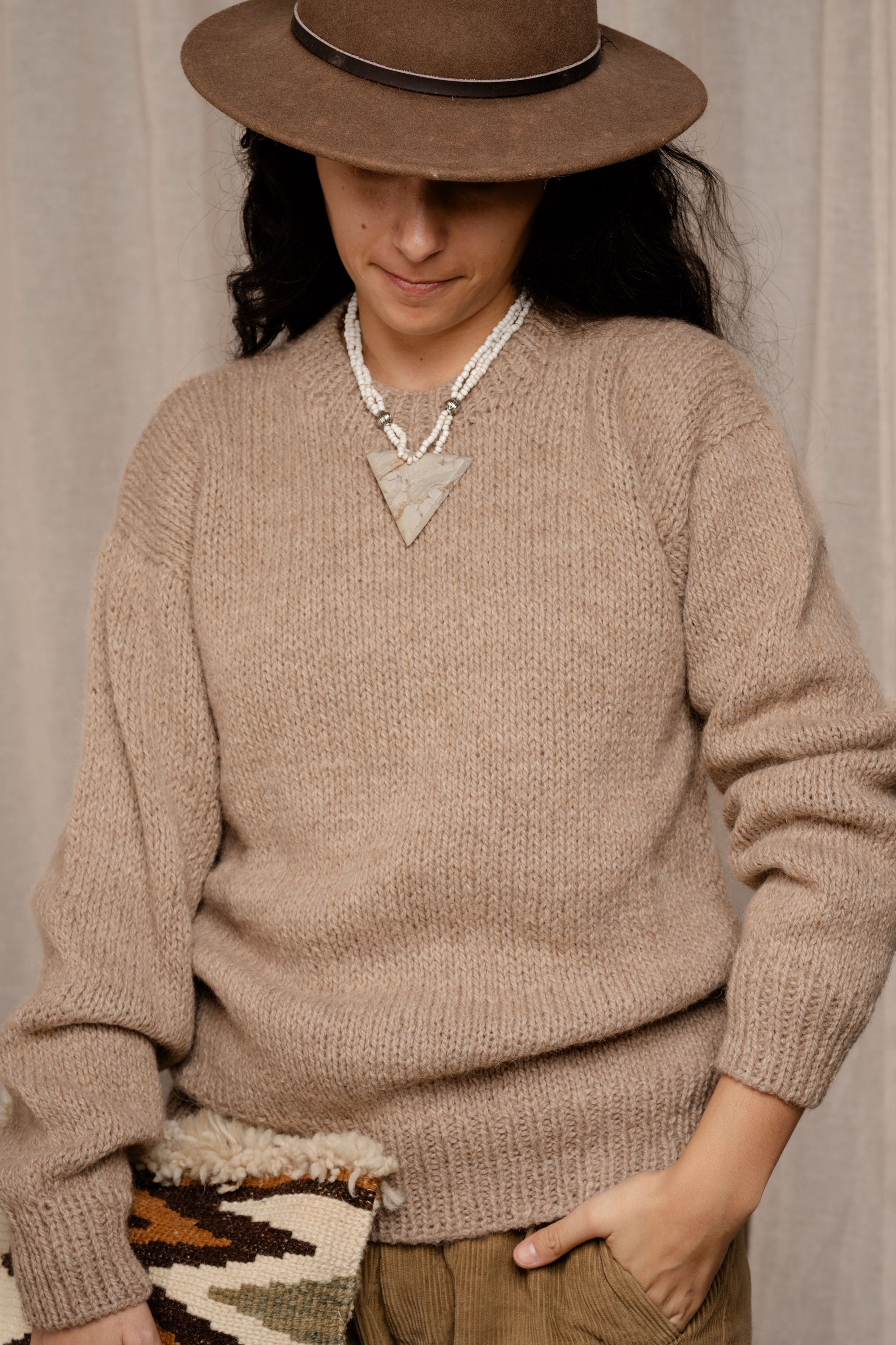 Hand Knitted Classic Sweater Latte, llama wool by Quechua artisans, Argentina
