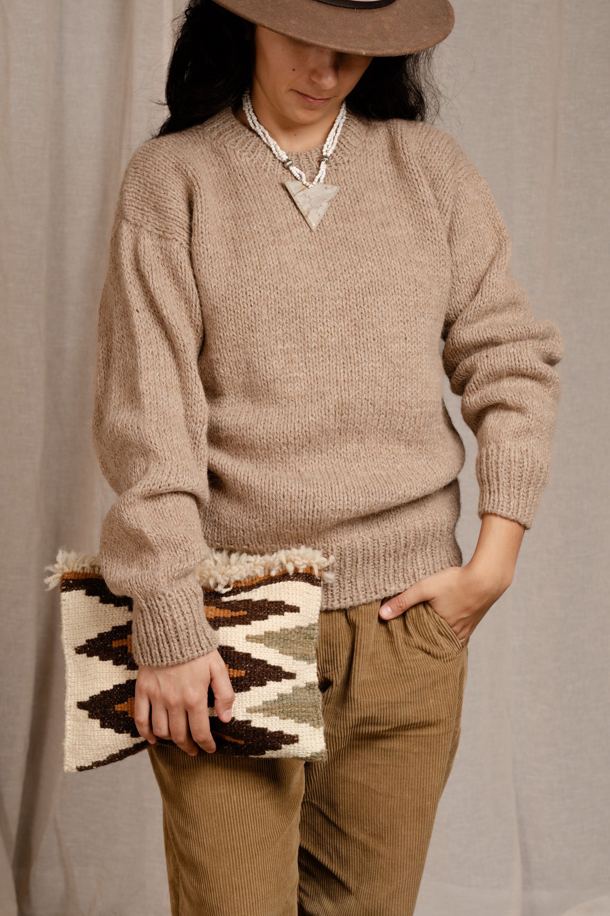 Hand Knitted Classic Sweater Latte, llama wool by Quechua artisans, Argentina