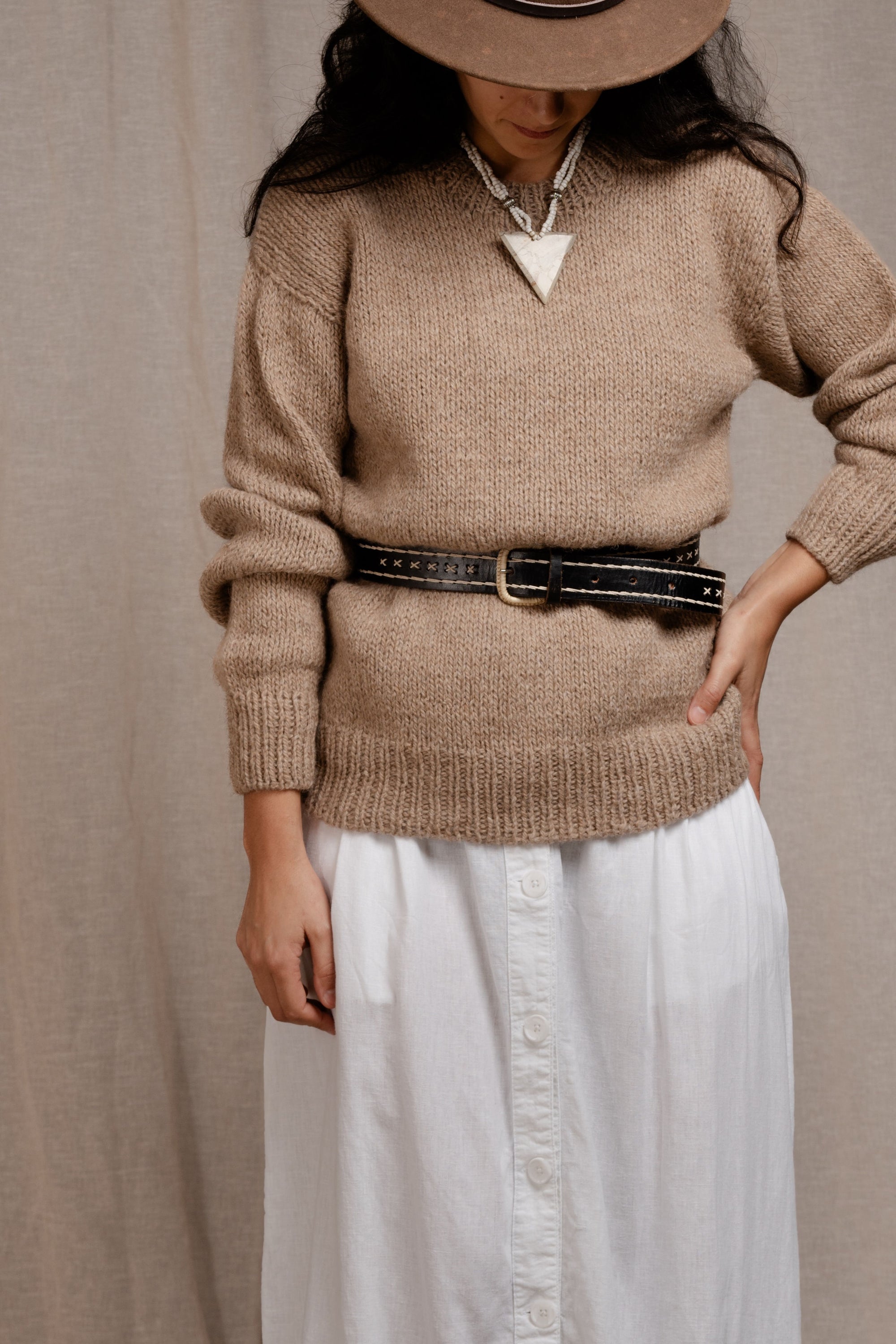 Hand Knitted Classic Sweater Latte, llama wool by Quechua artisans, Argentina