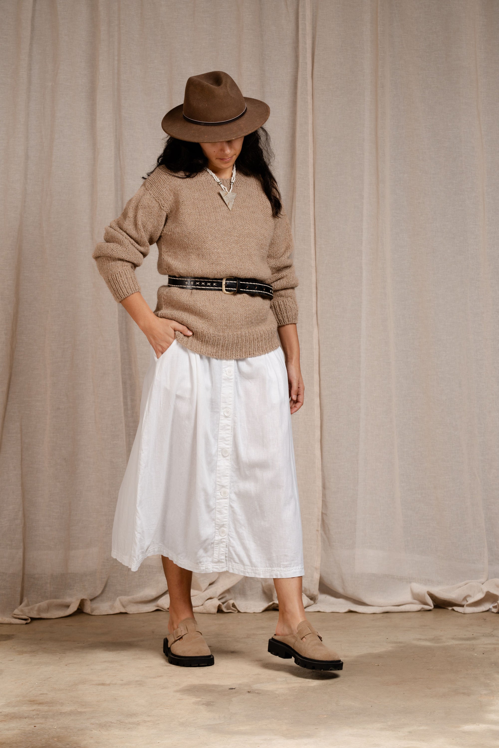 Hand Knitted Classic Sweater Latte, llama wool by Quechua artisans, Argentina