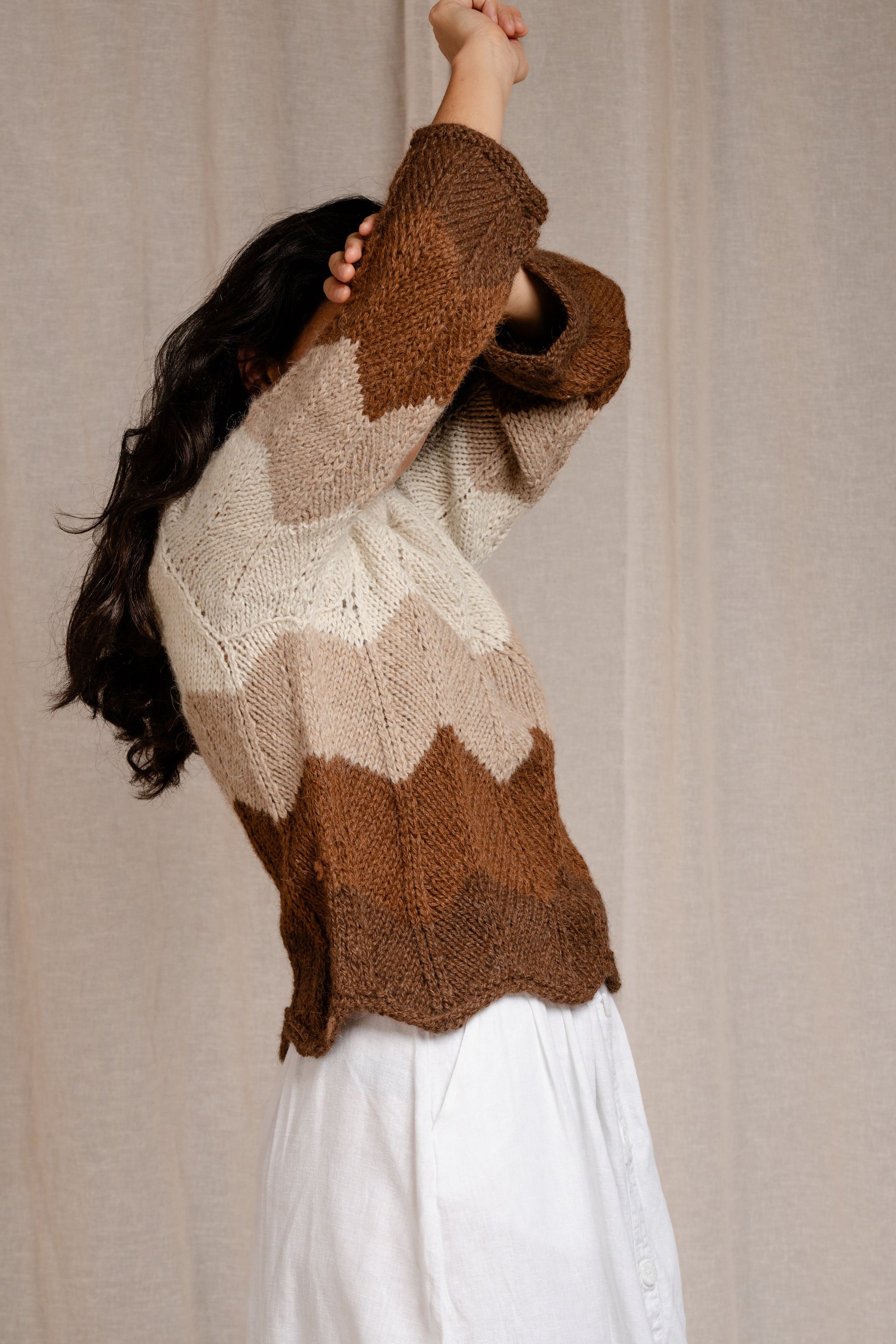 Hand Knitted Sierra Sweater, llama wool by Quechua artisans, Argentina