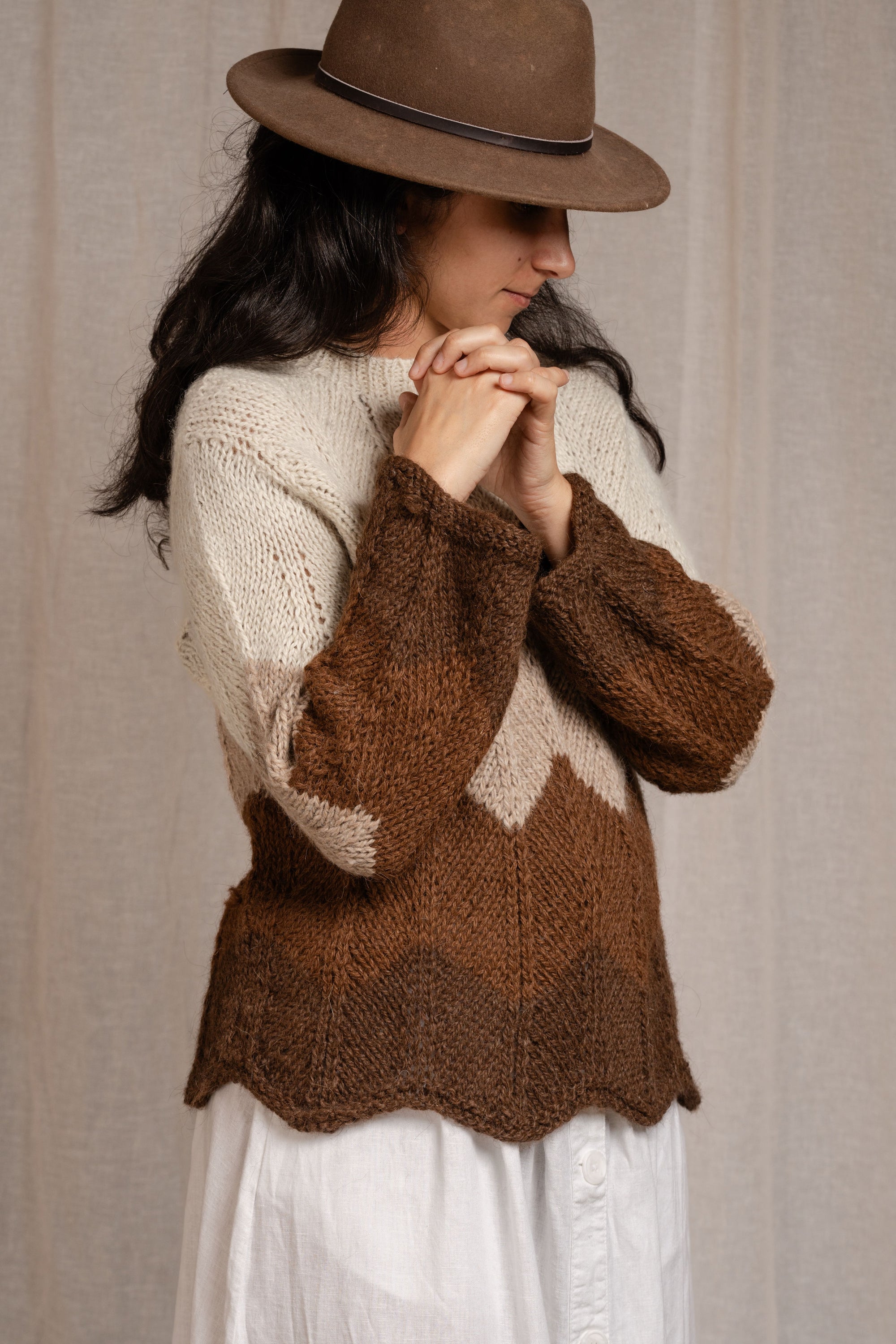 Hand Knitted Sierra Sweater, llama wool by Quechua artisans, Argentina