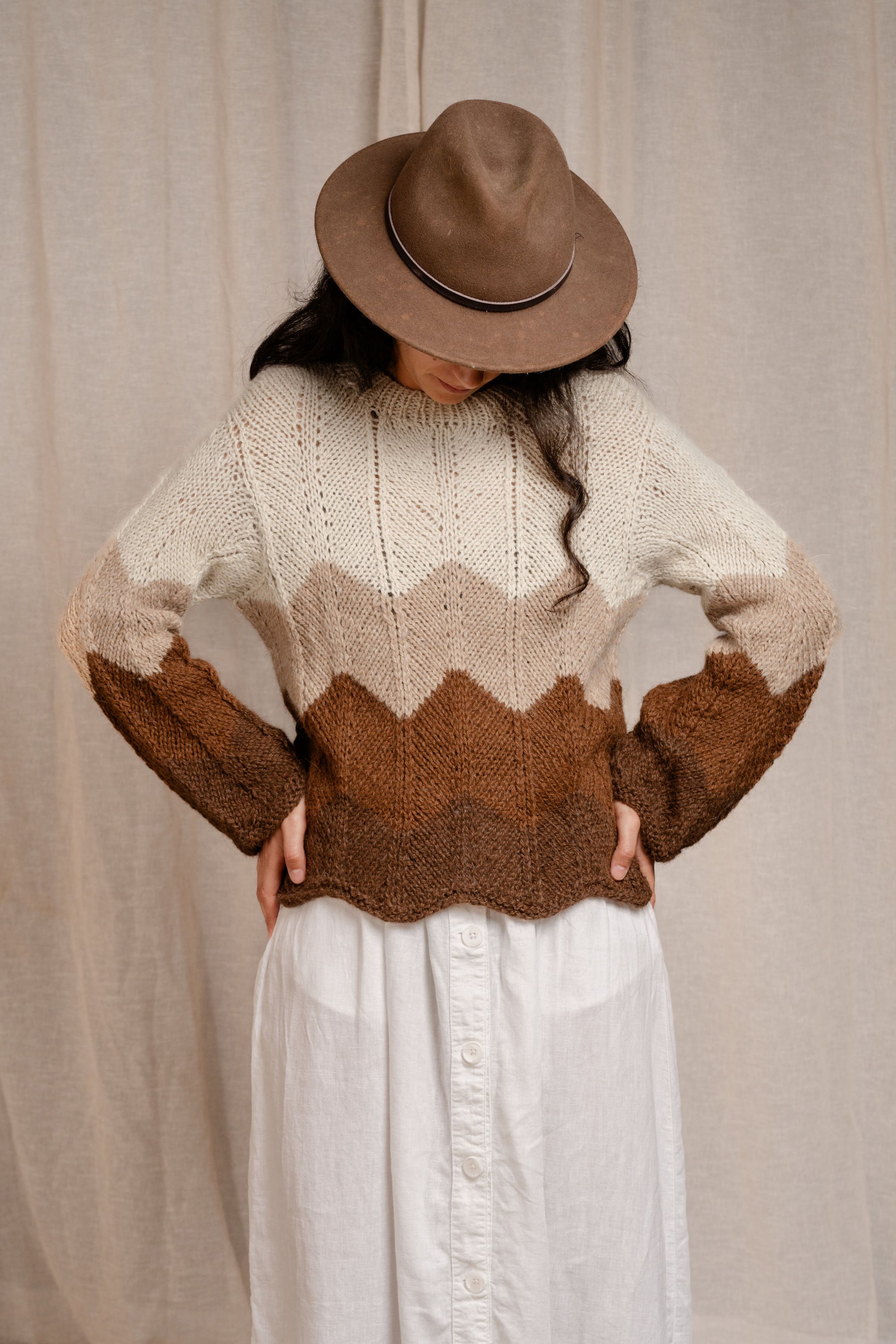 Hand Knitted Sierra Sweater, llama wool by Quechua artisans, Argentina