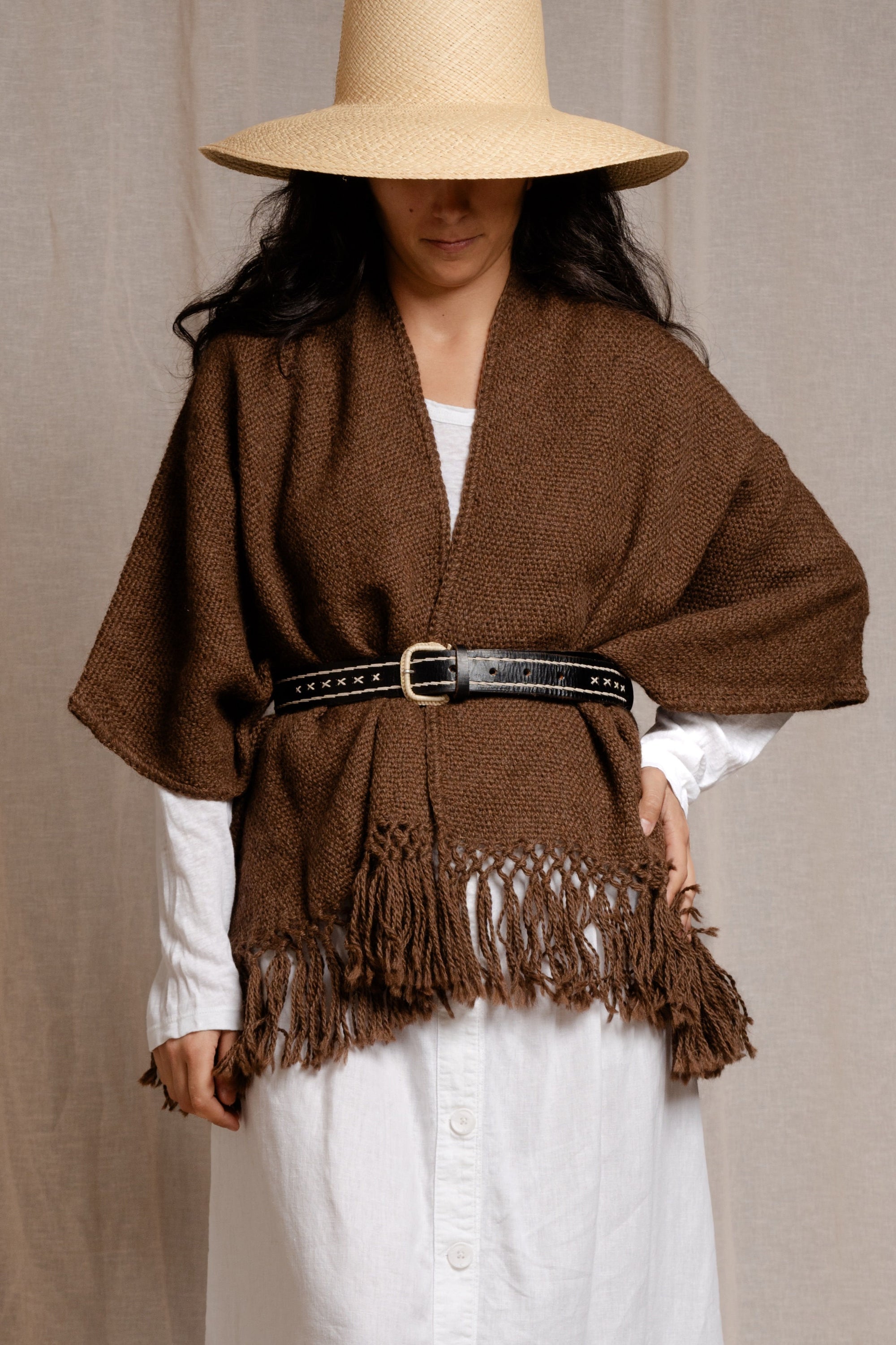 Llama Wool Mid Length Poncho Chocolate, hand-loomed Andean llama wool, Argentina