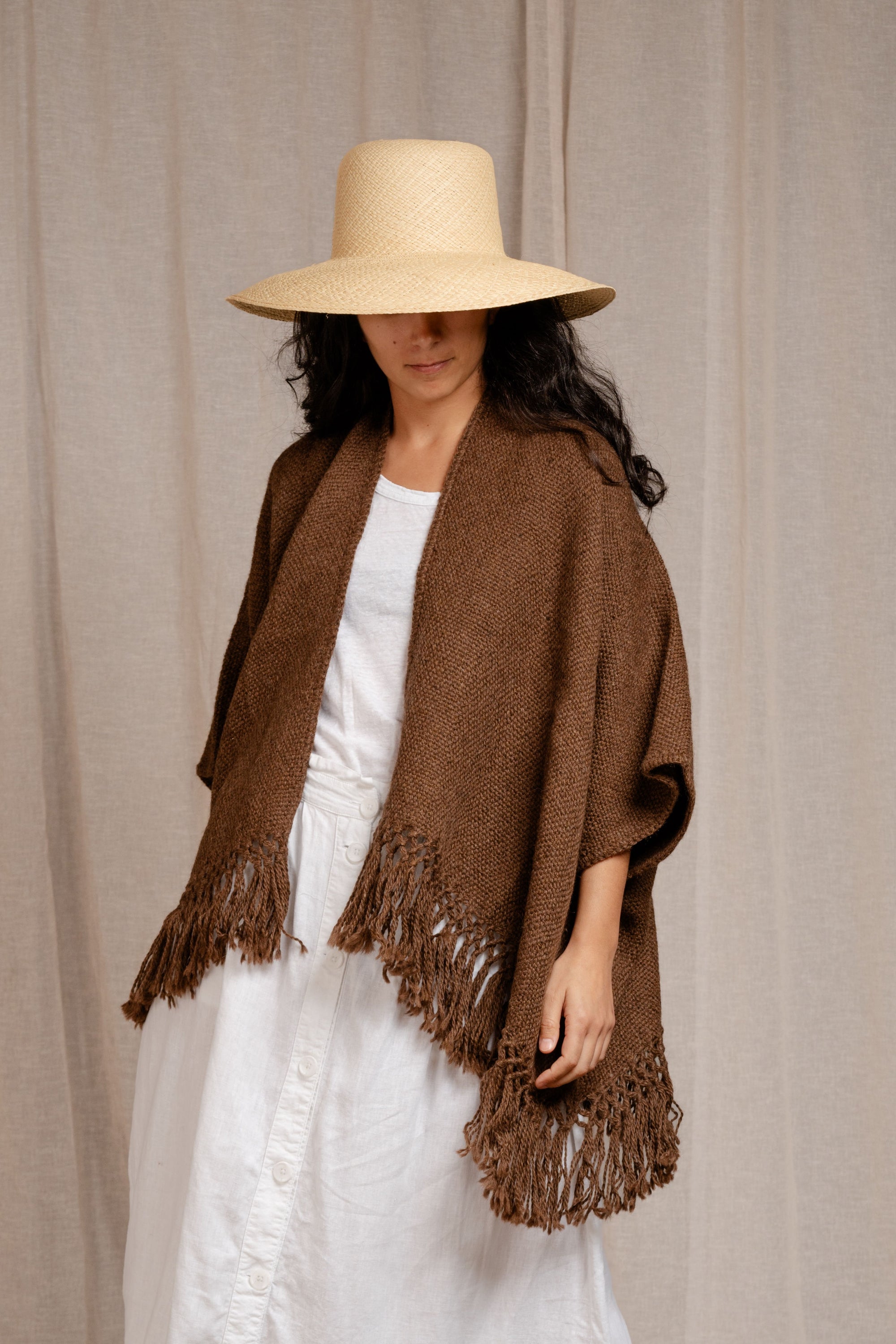 Llama Wool Mid Length Poncho Chocolate, hand-loomed Andean llama wool, Argentina