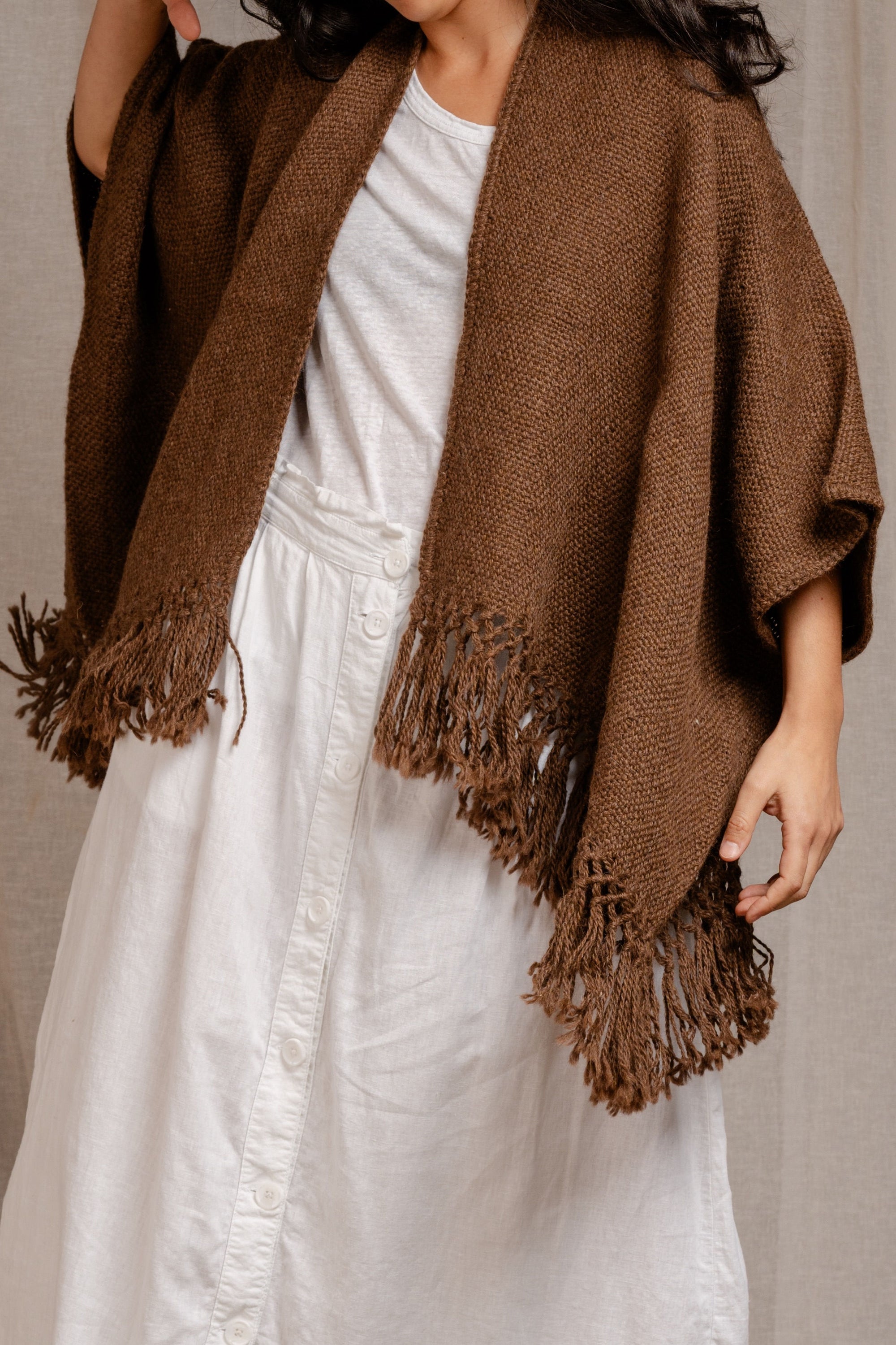 Llama Wool Mid Length Poncho Chocolate, hand-loomed Andean llama wool, Argentina