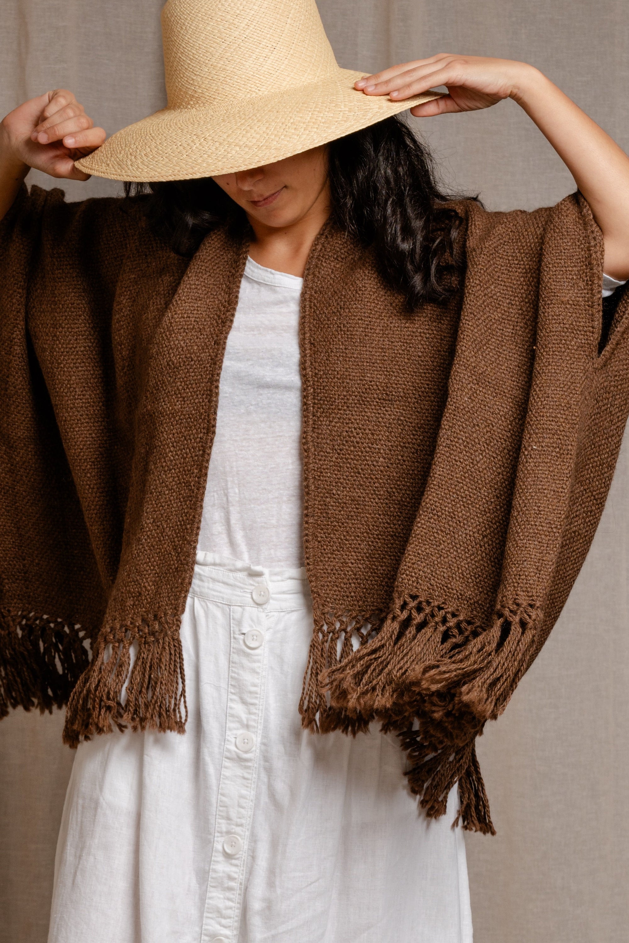 Llama Wool Mid Length Poncho Chocolate, hand-loomed Andean llama wool, Argentina