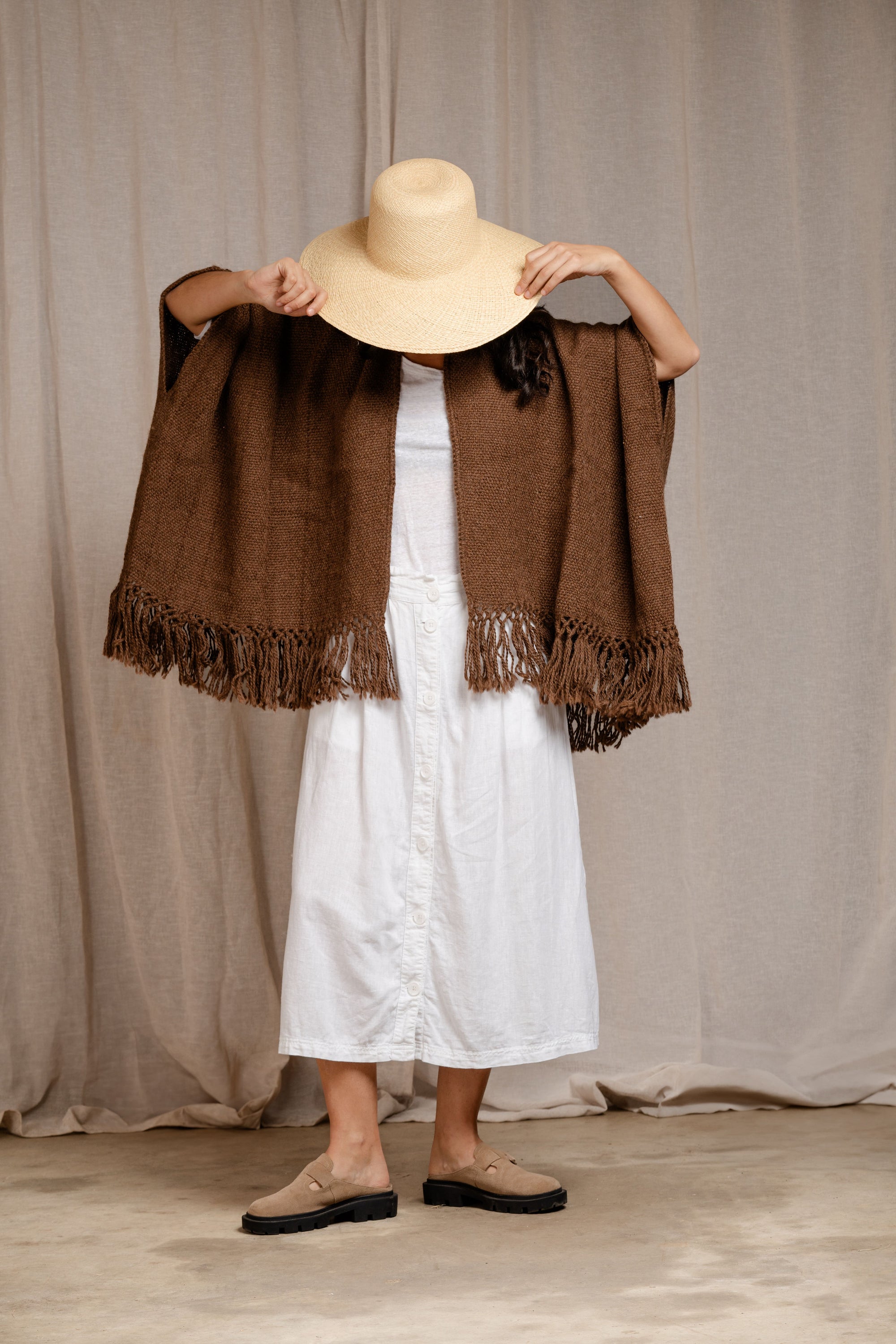 Llama Wool Mid Length Poncho Chocolate, hand-loomed Andean llama wool, Argentina