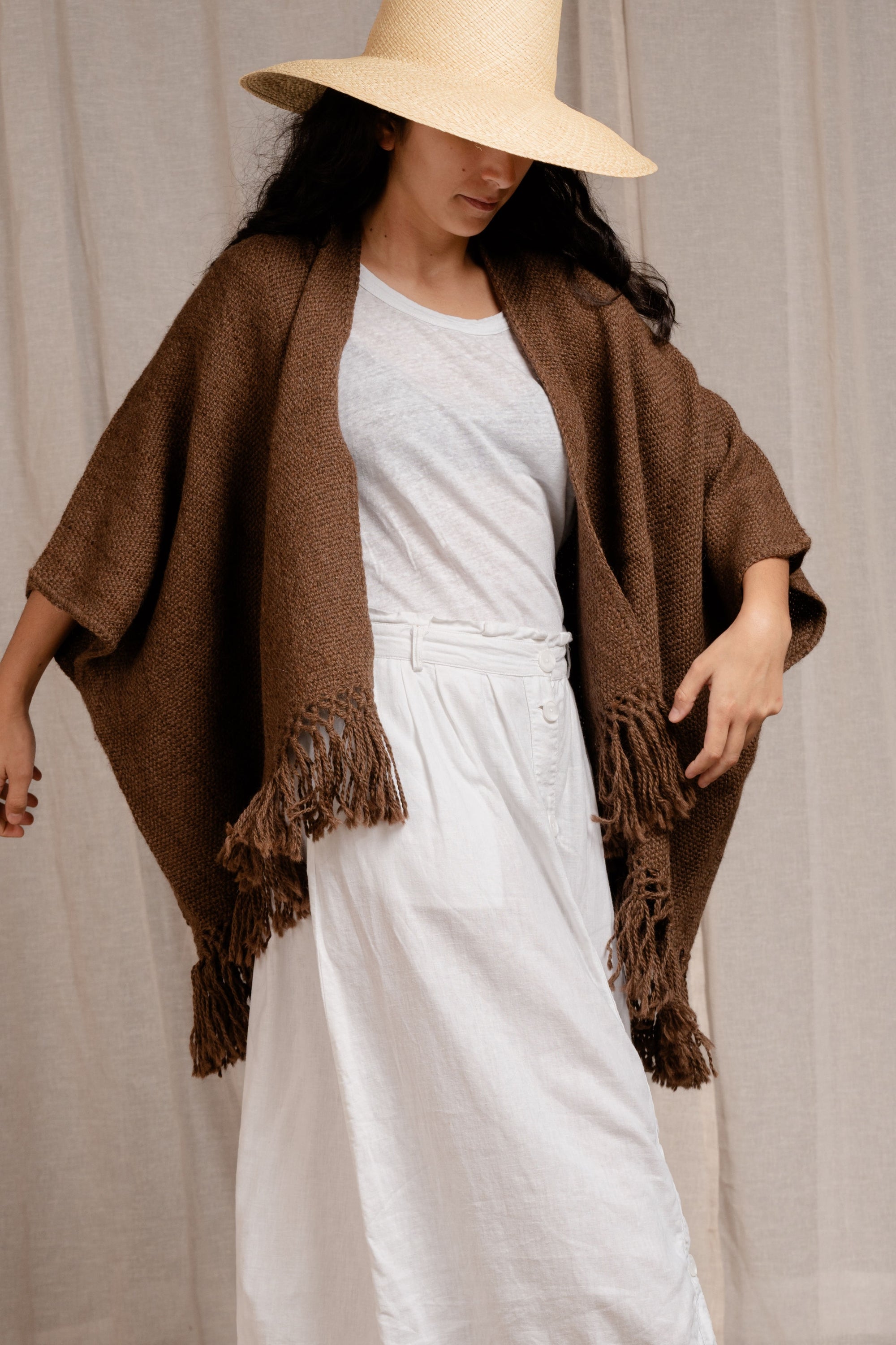 Llama Wool Mid Length Poncho Chocolate, hand-loomed Andean llama wool, Argentina