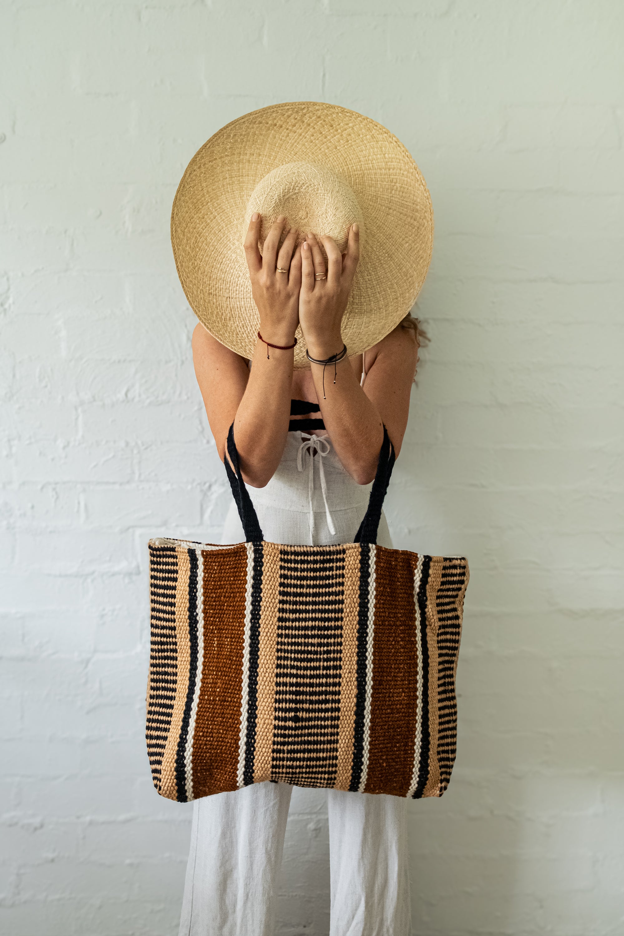 Hand woven XL Stripe Wool Bag | Coffee &amp; Beige &amp; Black