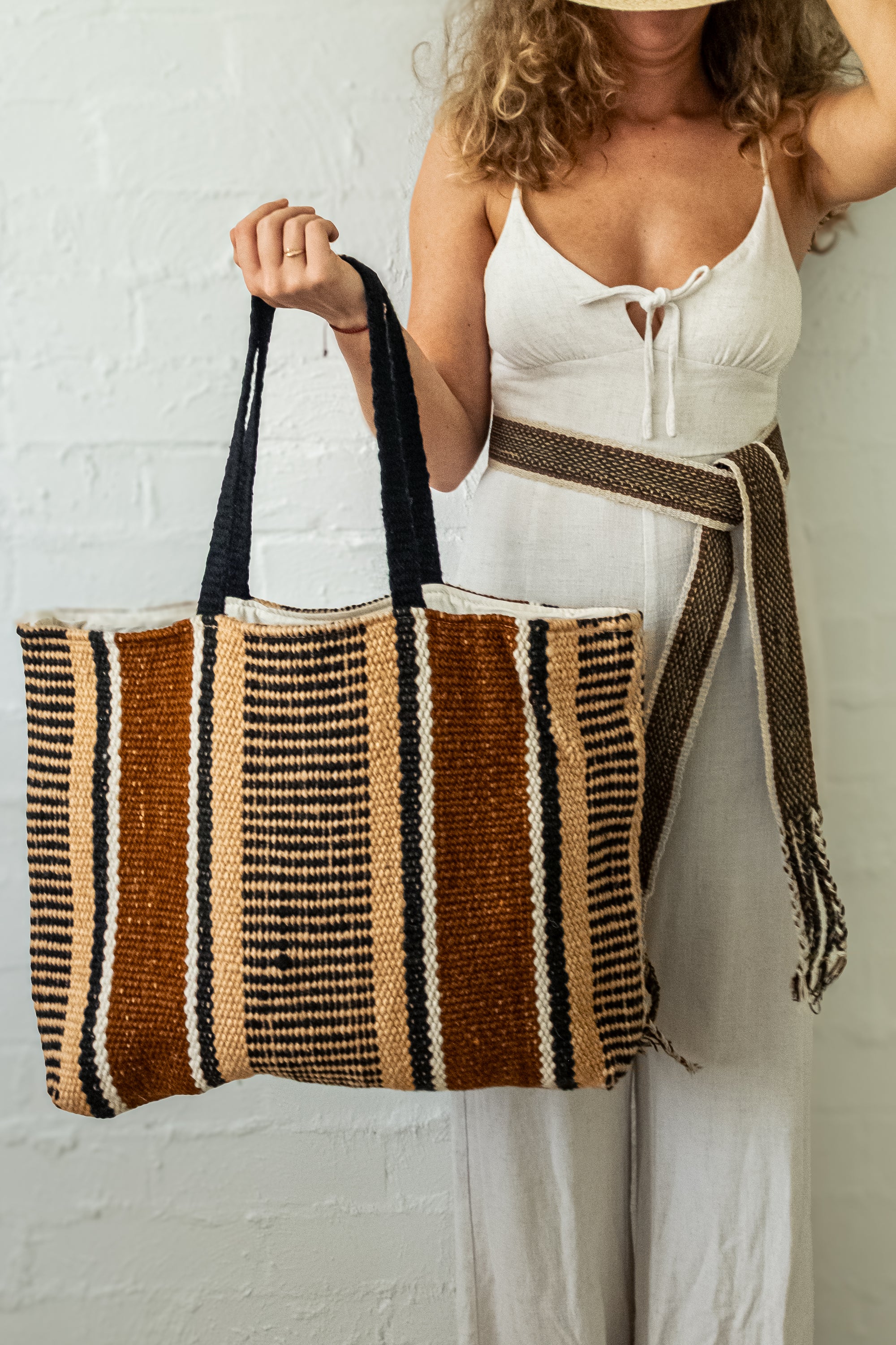 Hand woven XL Stripe Wool Bag | Coffee &amp; Beige &amp; Black