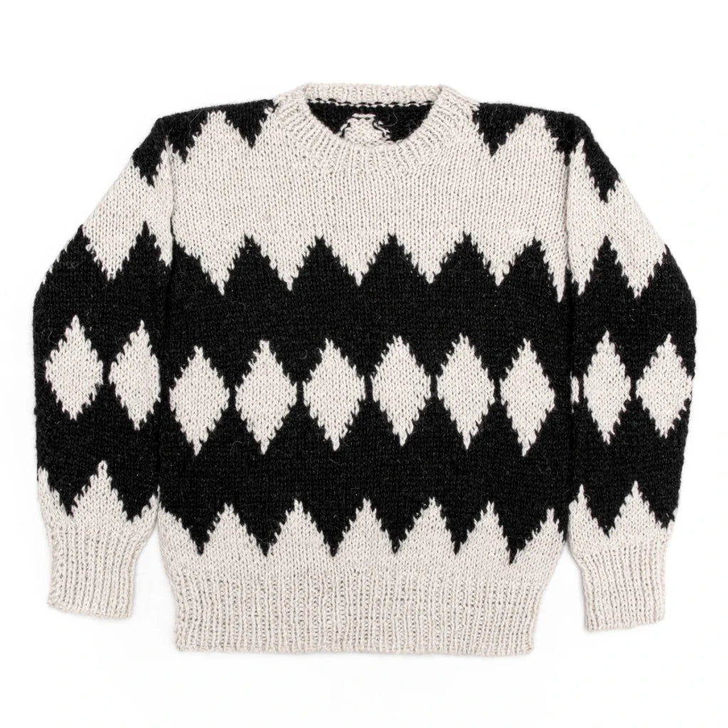Hand Knitted Black and White Sweater, llama wool by Quechua artisans, Argentina