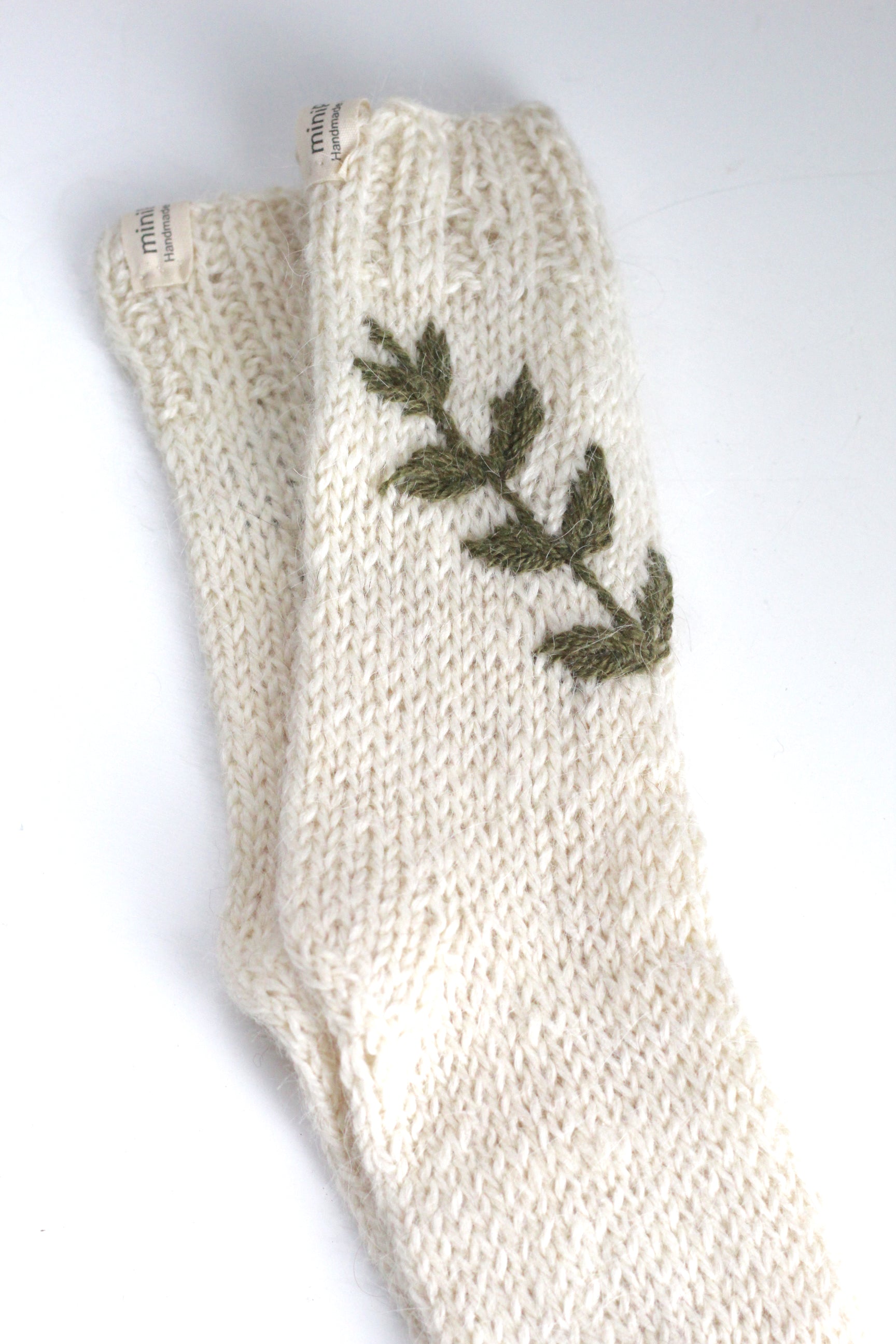 Kids Socks Natural and Moss Hand-Embroidered, llama wool, Argentina