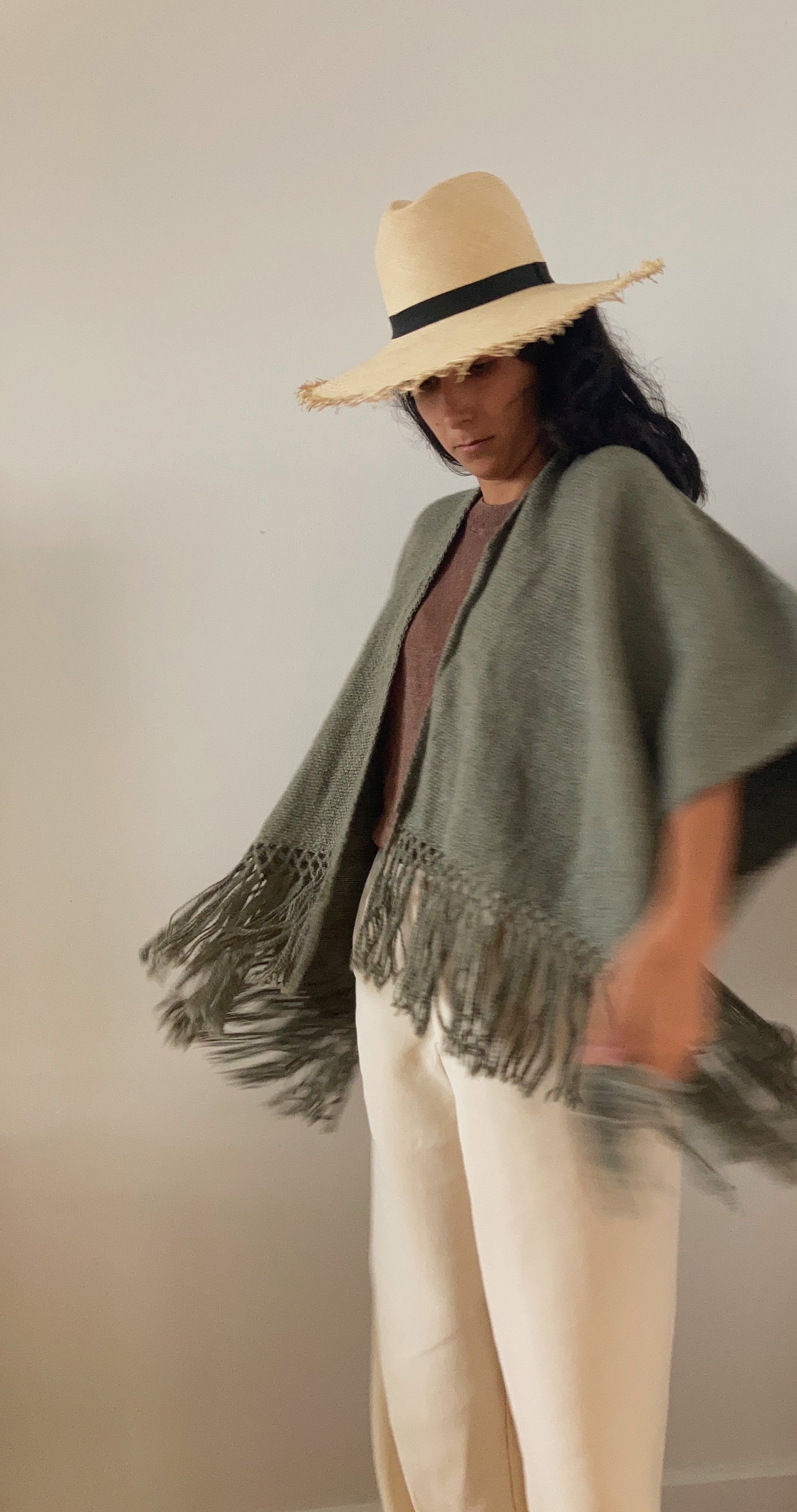Llama Wool Mid Length Poncho Moss, hand-loomed Andean llama wool, Argentina