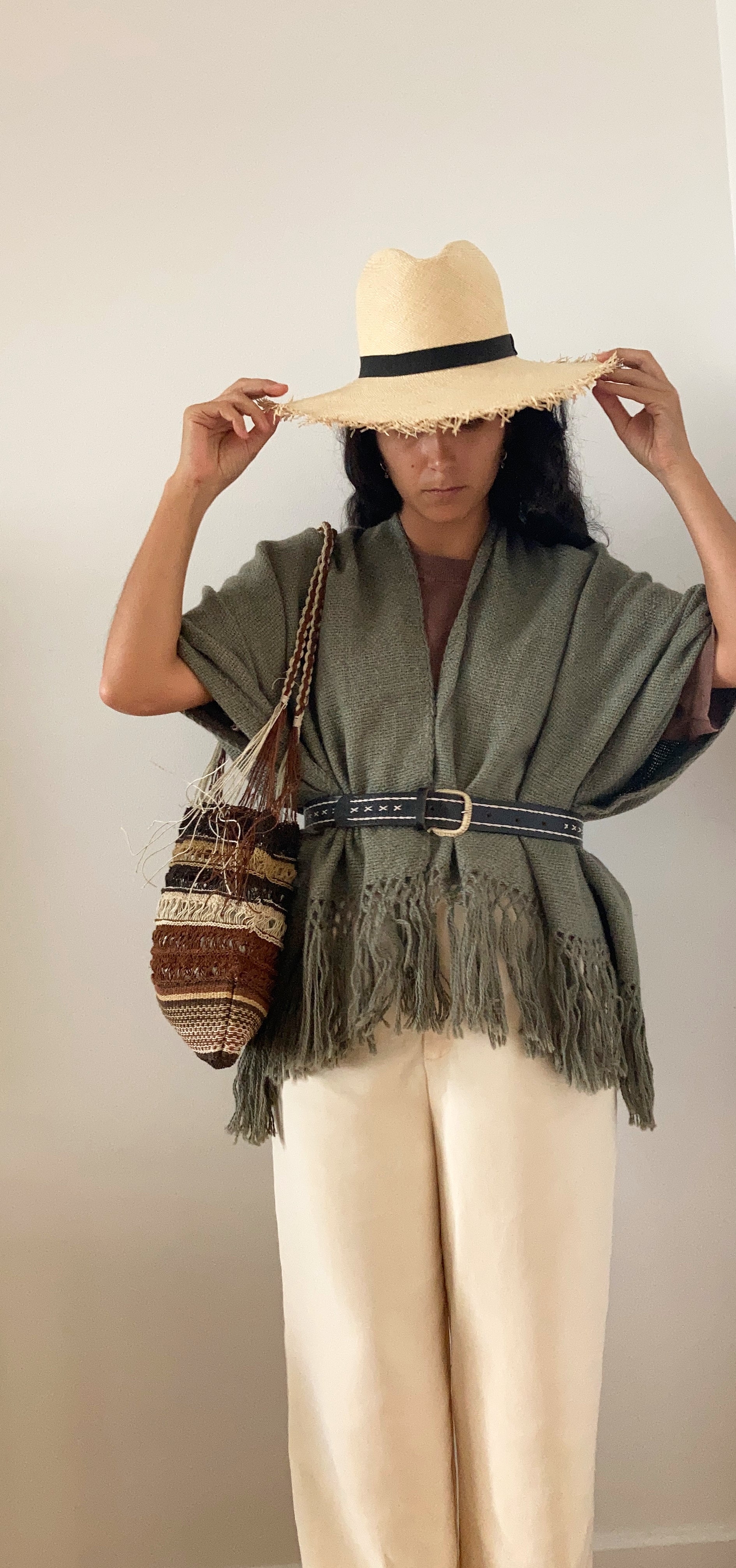 Llama Wool Mid Length Poncho Moss, hand-loomed Andean llama wool, Argentina