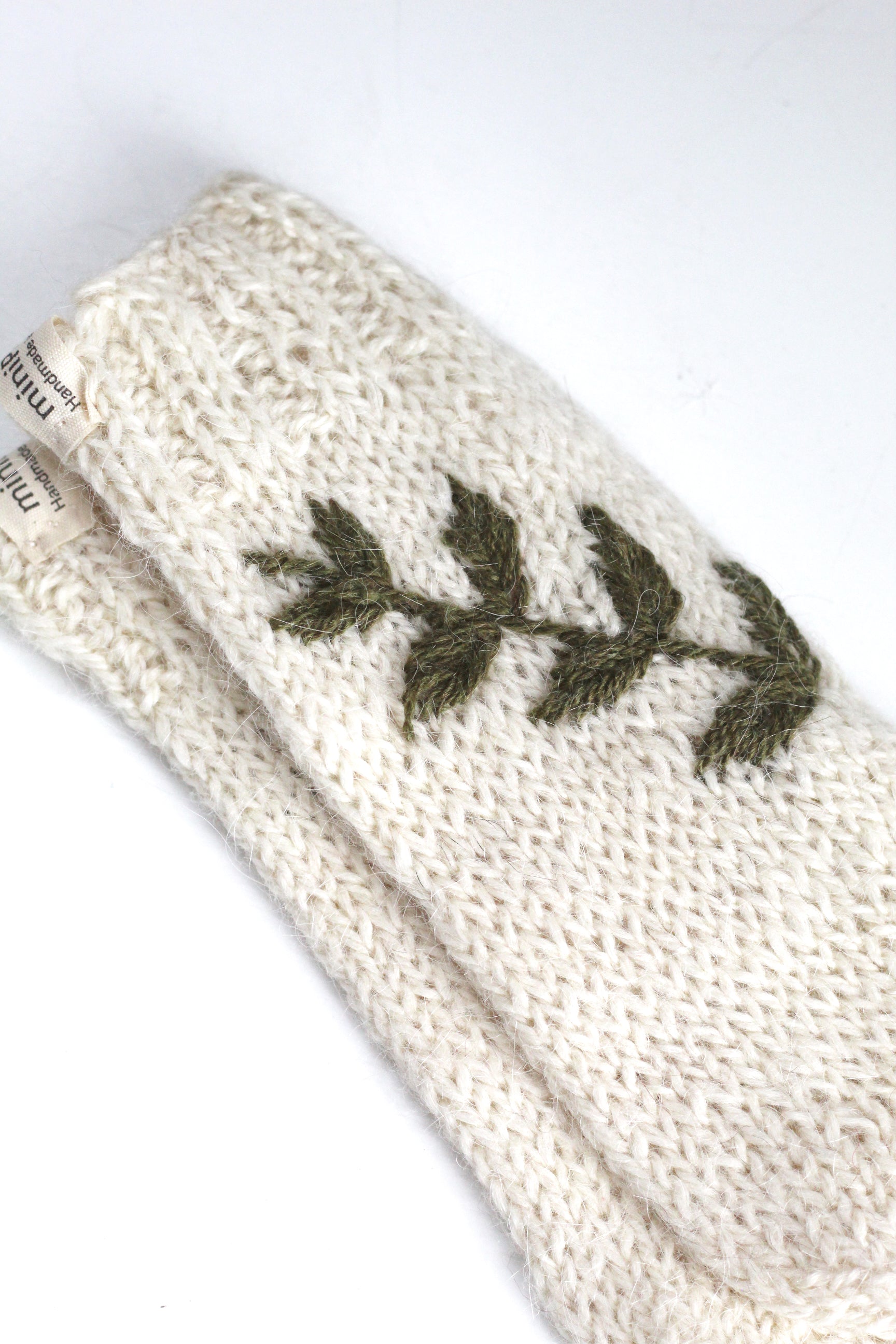 Kids Socks Natural and Moss Hand-Embroidered, llama wool, Argentina