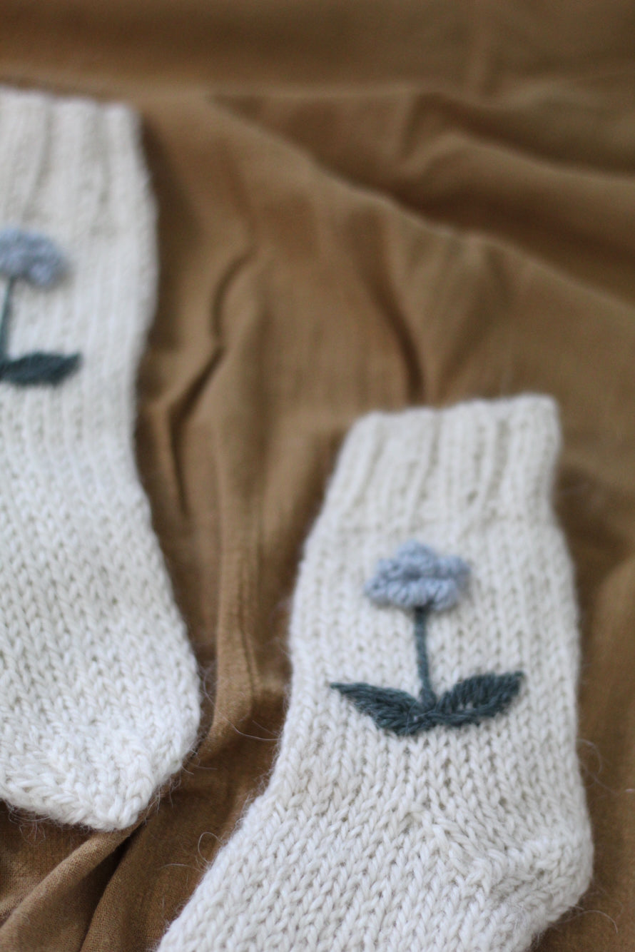 Toddler Socks Natural Hand Embroidered, llama wool, Argentina
