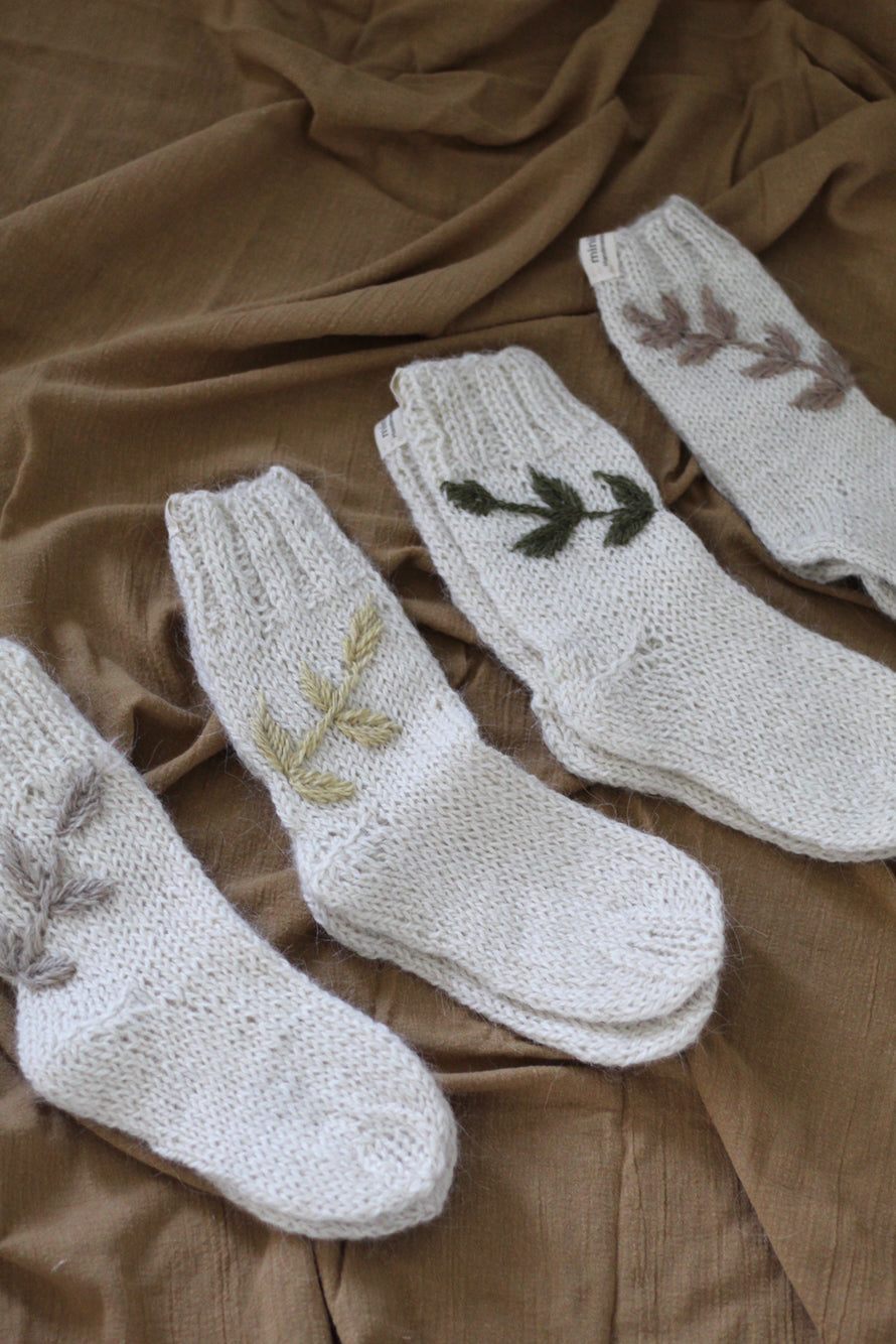 Kids Socks Natural and Sand Hand Embroidered, llama wool, Argentina