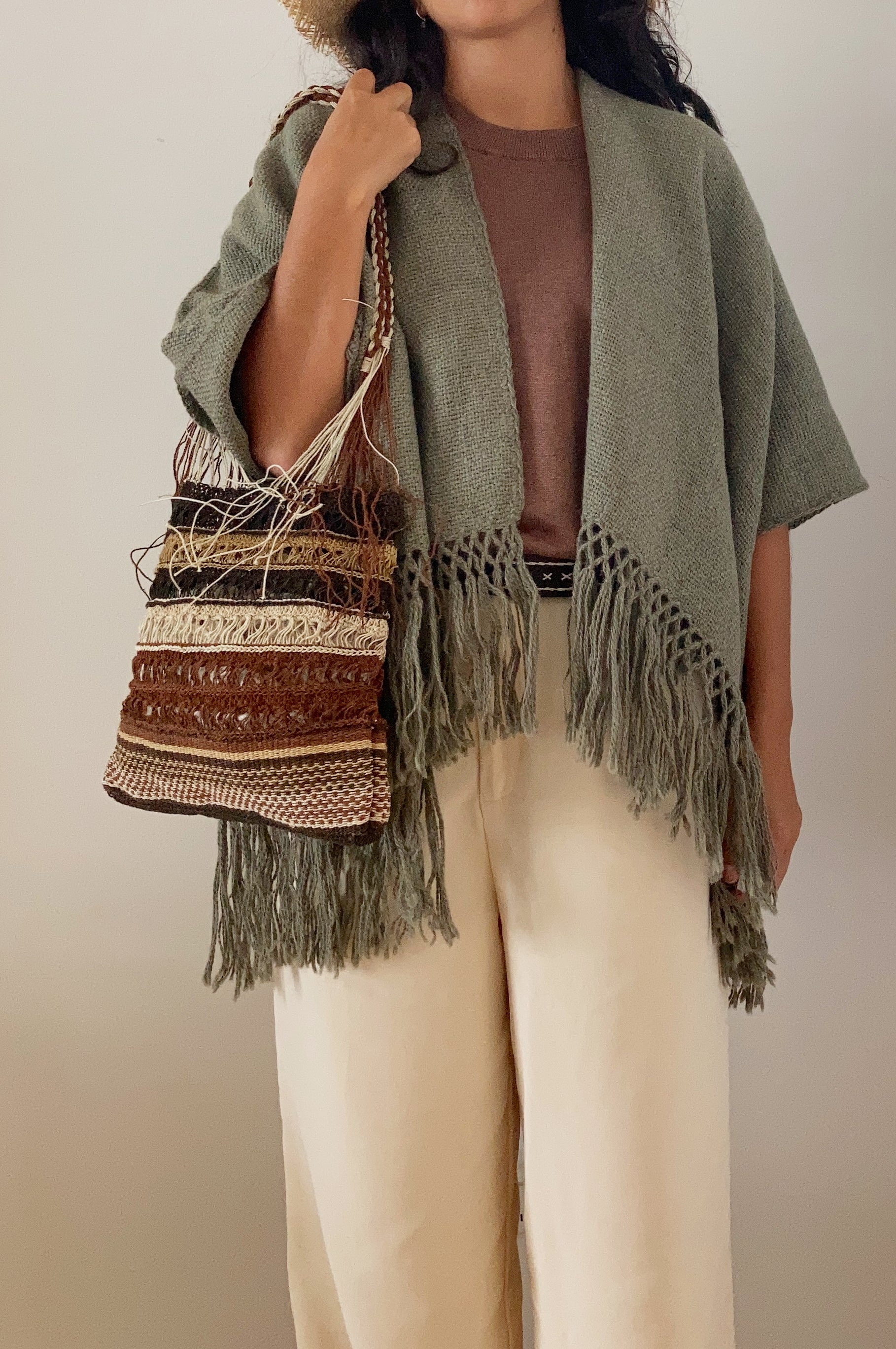Llama Wool Mid Length Poncho Moss, hand-loomed Andean llama wool, Argentina