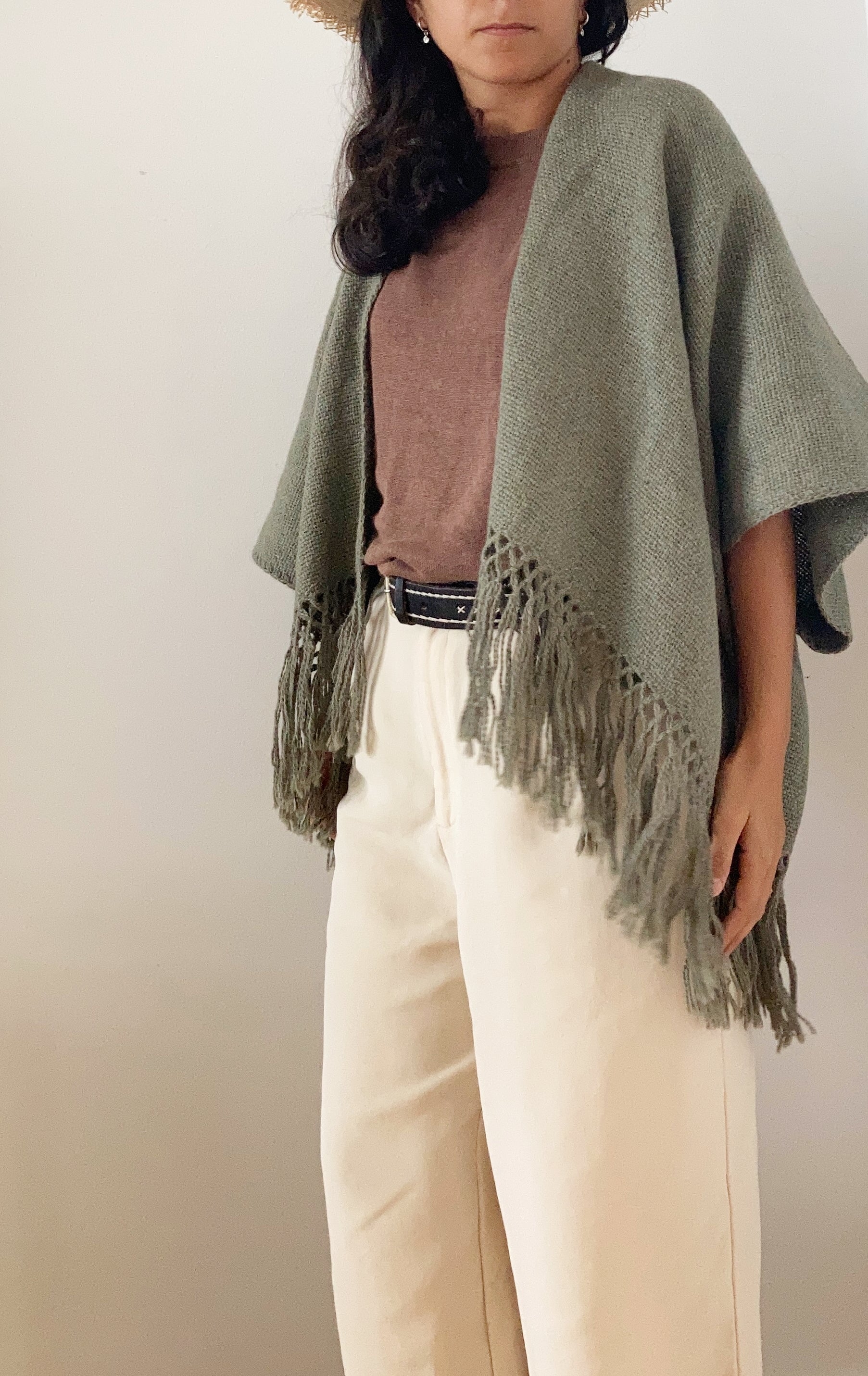 Llama Wool Mid Length Poncho Moss, hand-loomed Andean llama wool, Argentina