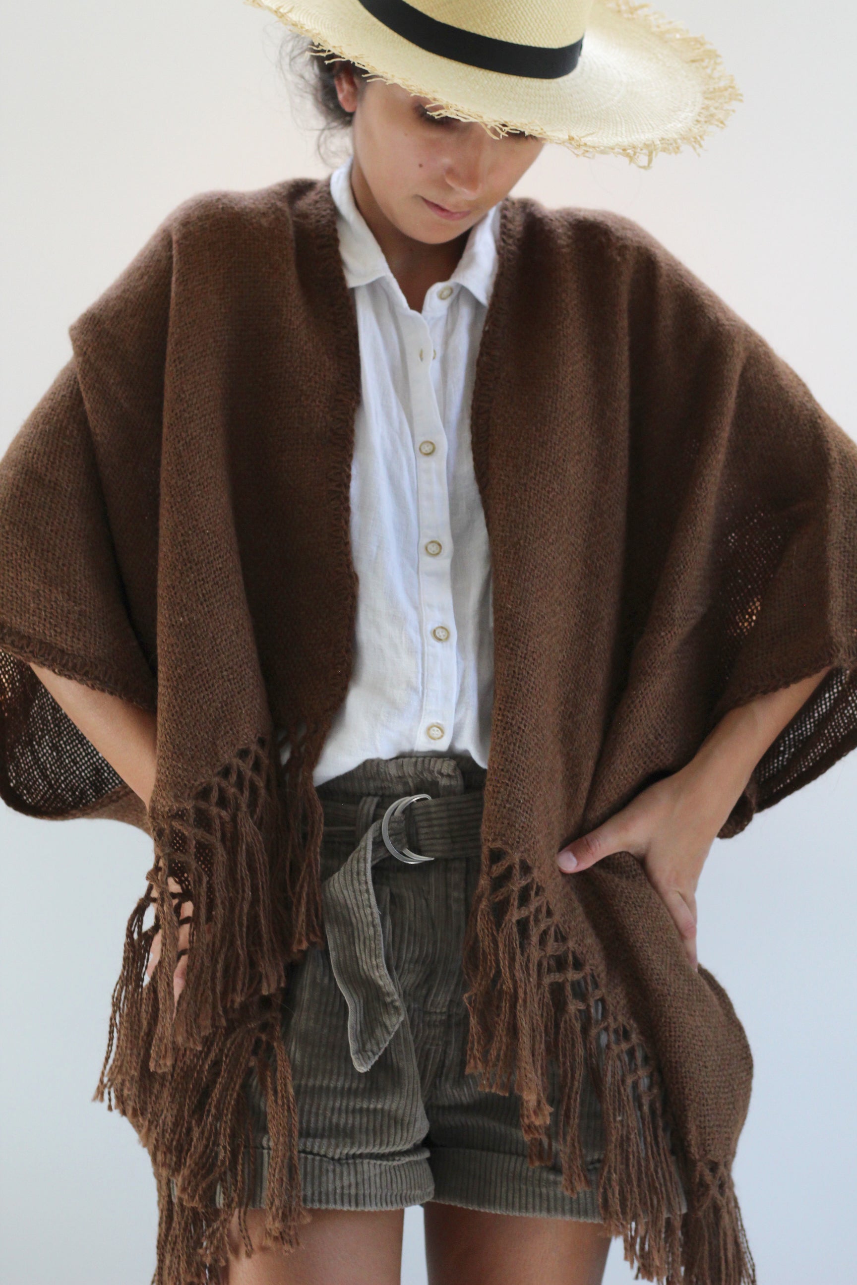 Llama Wool Mid Length Poncho | Chocolate