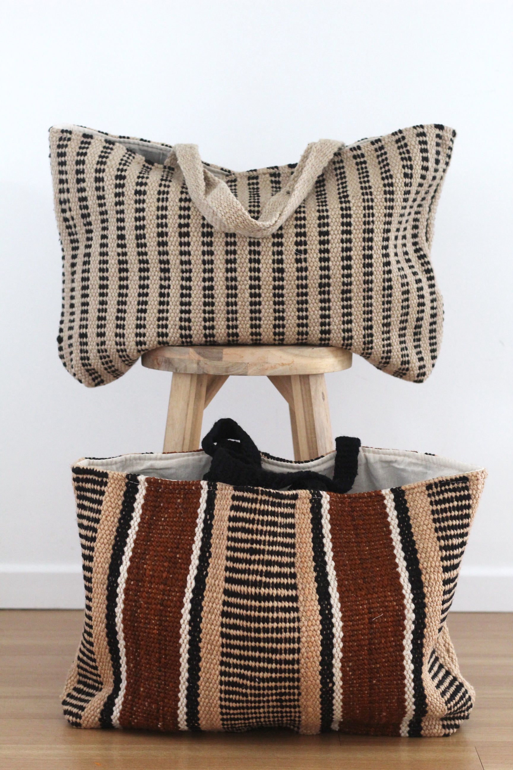 Hand woven XL Stripe Wool Bag | Beige & Coffee & Black