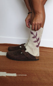 Hand knitted Socks | Natural & Lila Hand Embroidered