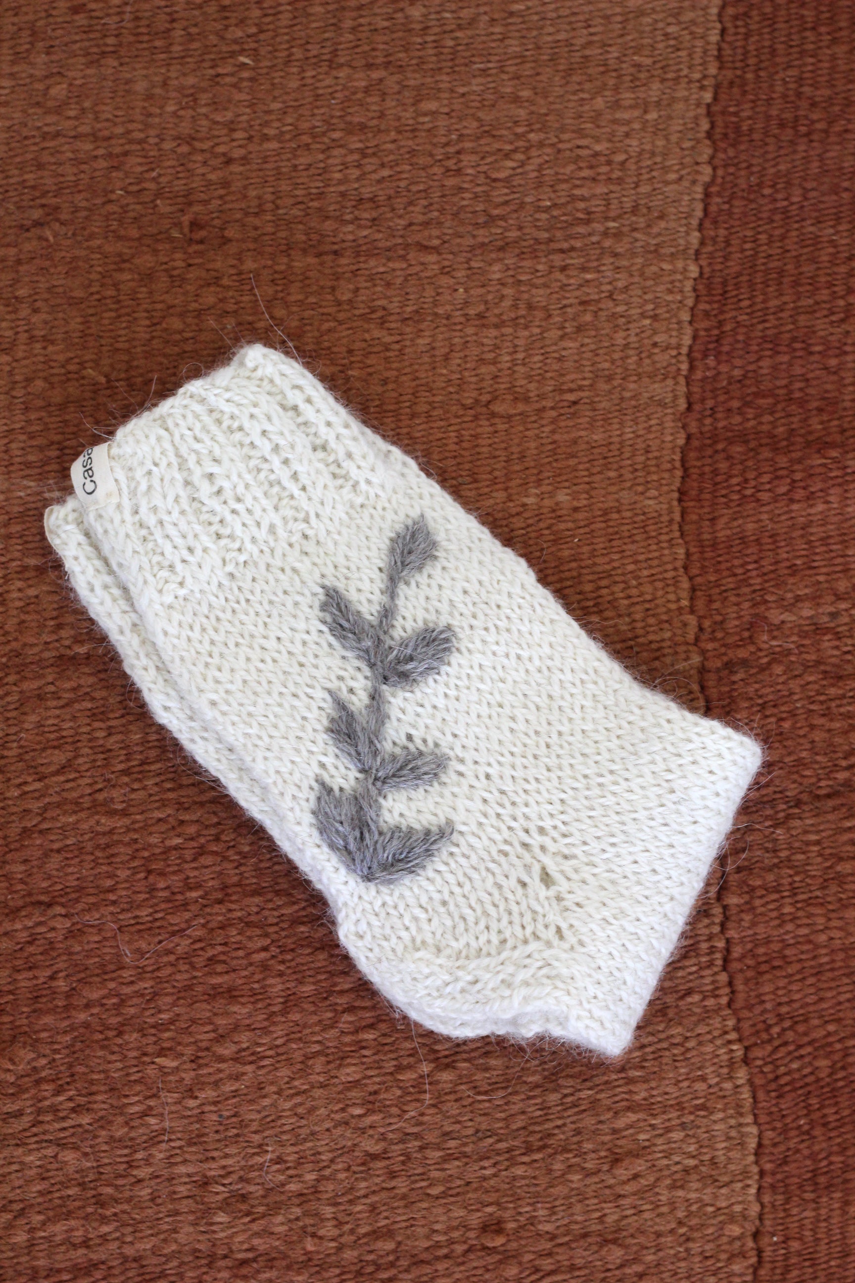 Hand Knitted Socks Natural and Grey Embroidered, llama wool, Argentina