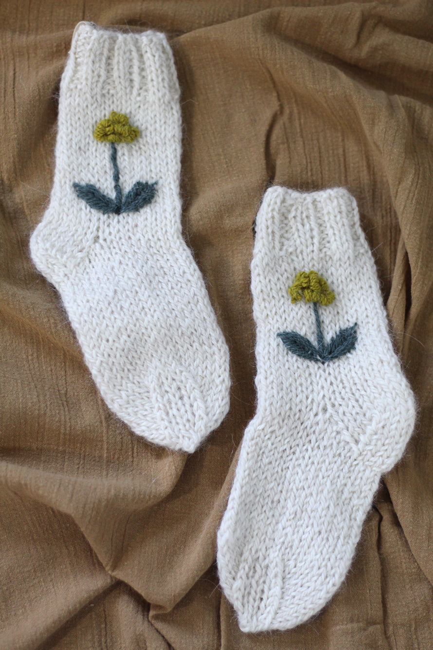 Toddler Socks Natural Hand Embroidered, llama wool, Argentina