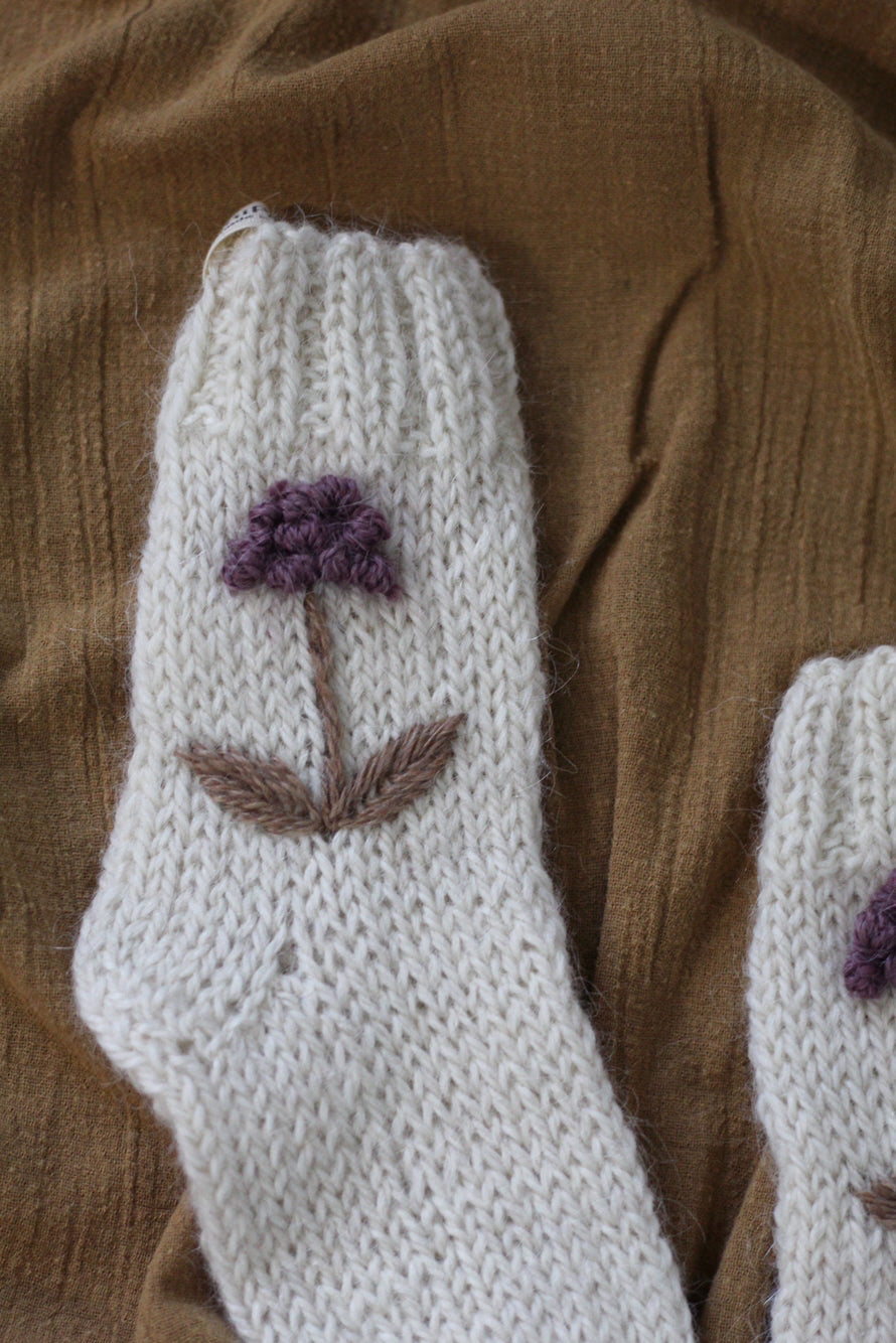 Toddler Socks Natural Hand Embroidered, llama wool, Argentina