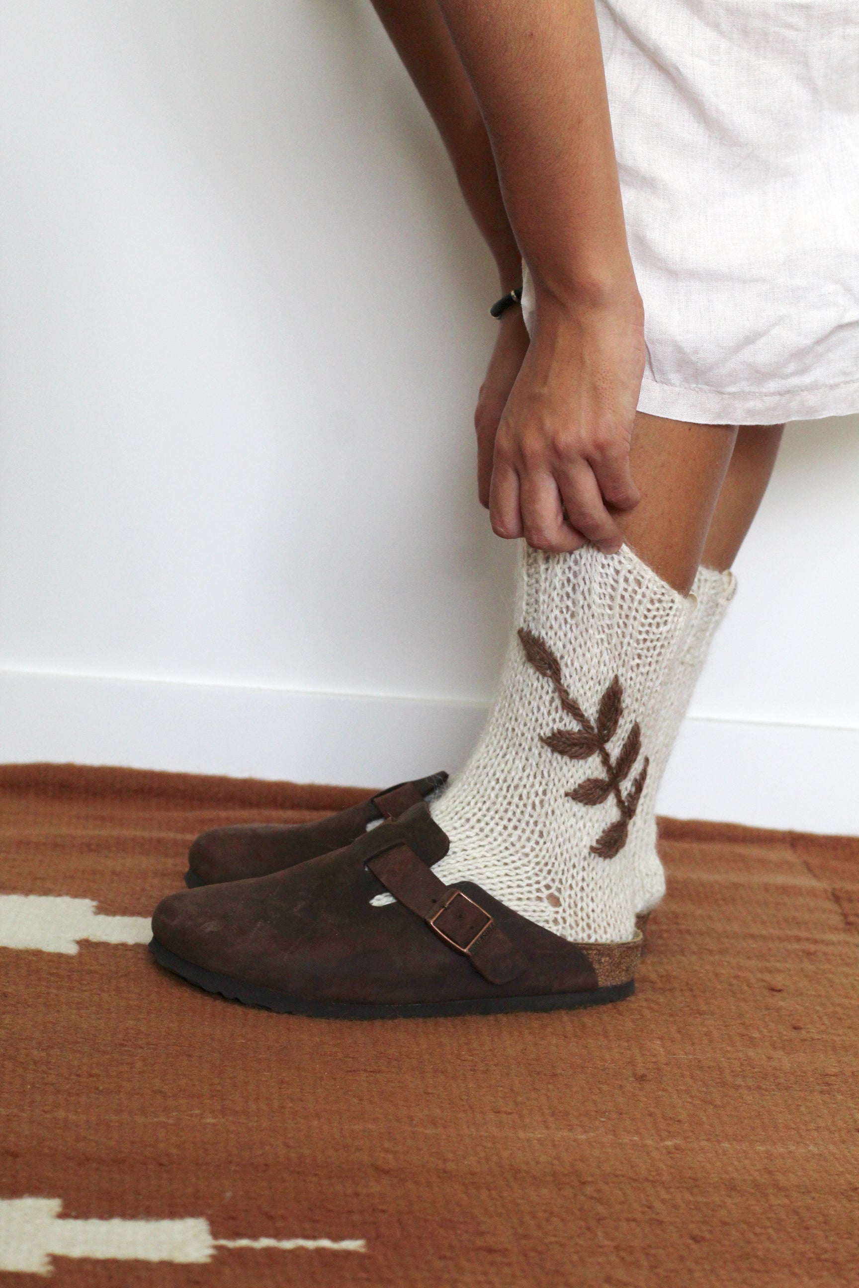 Hand Knitted Socks | Natural & Chocolate Hand Embroidered
