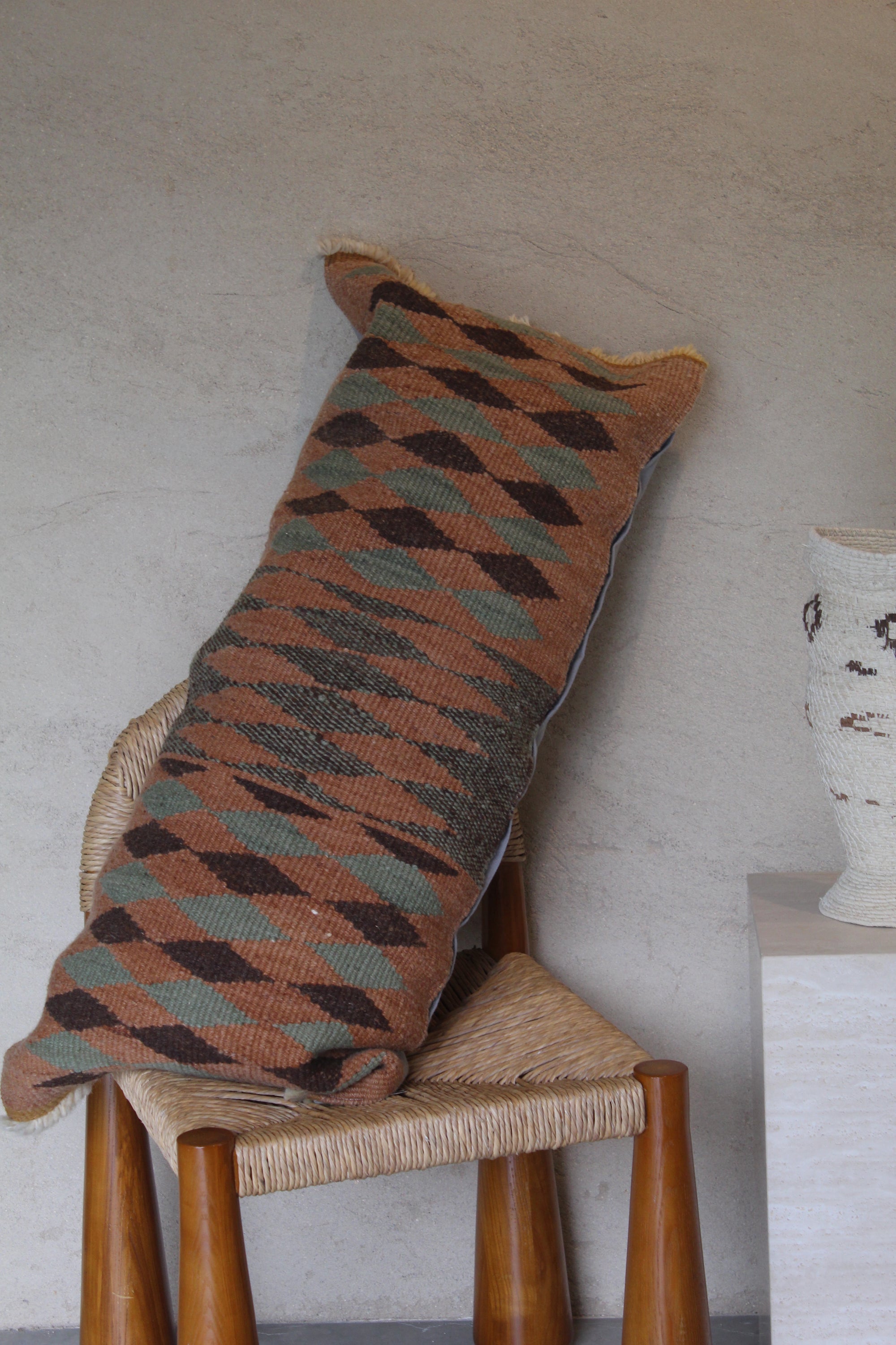 Qom XL Lumbar Cushion #034, handwoven sheep wool by Qom artisans, Argentina