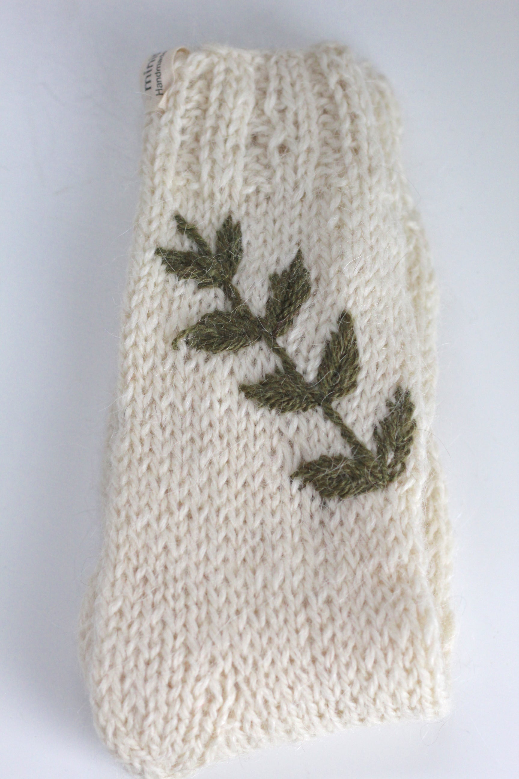 Kids Socks Natural and Moss Hand-Embroidered, llama wool, Argentina