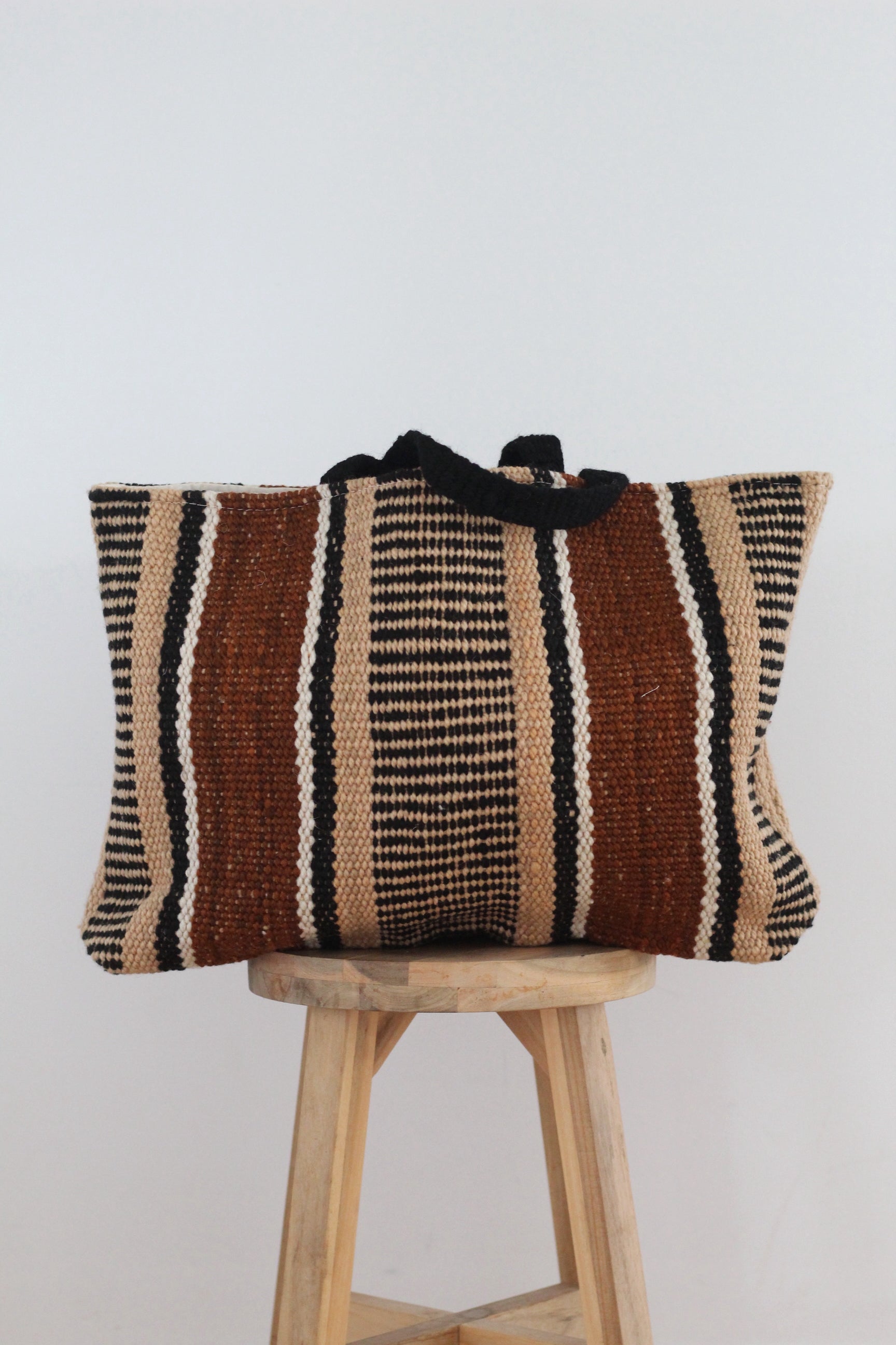 Hand woven XL Stripe Wool Bag | Beige & Coffee & Black