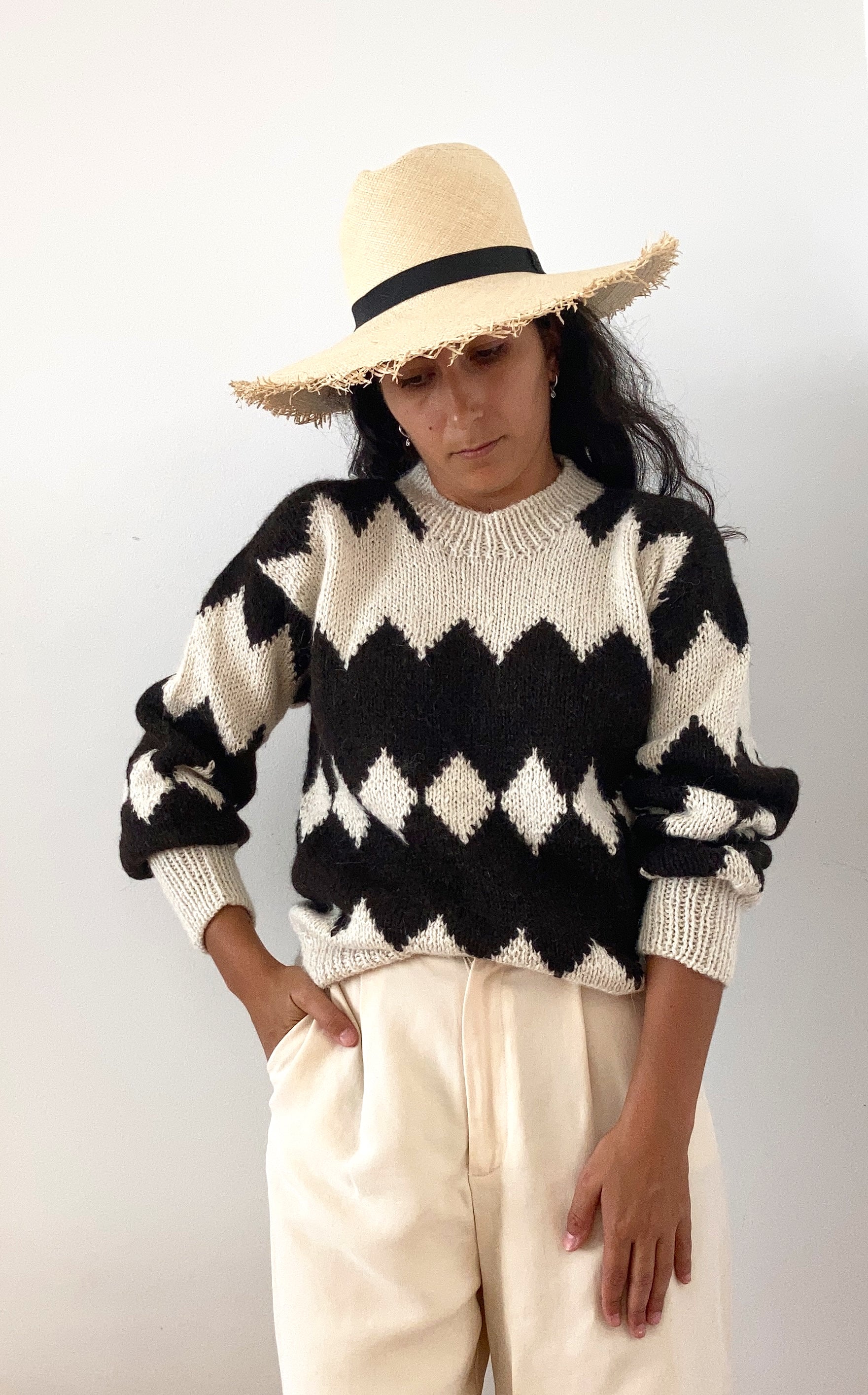 Hand Knitted Black and White Sweater, llama wool by Quechua artisans, Argentina