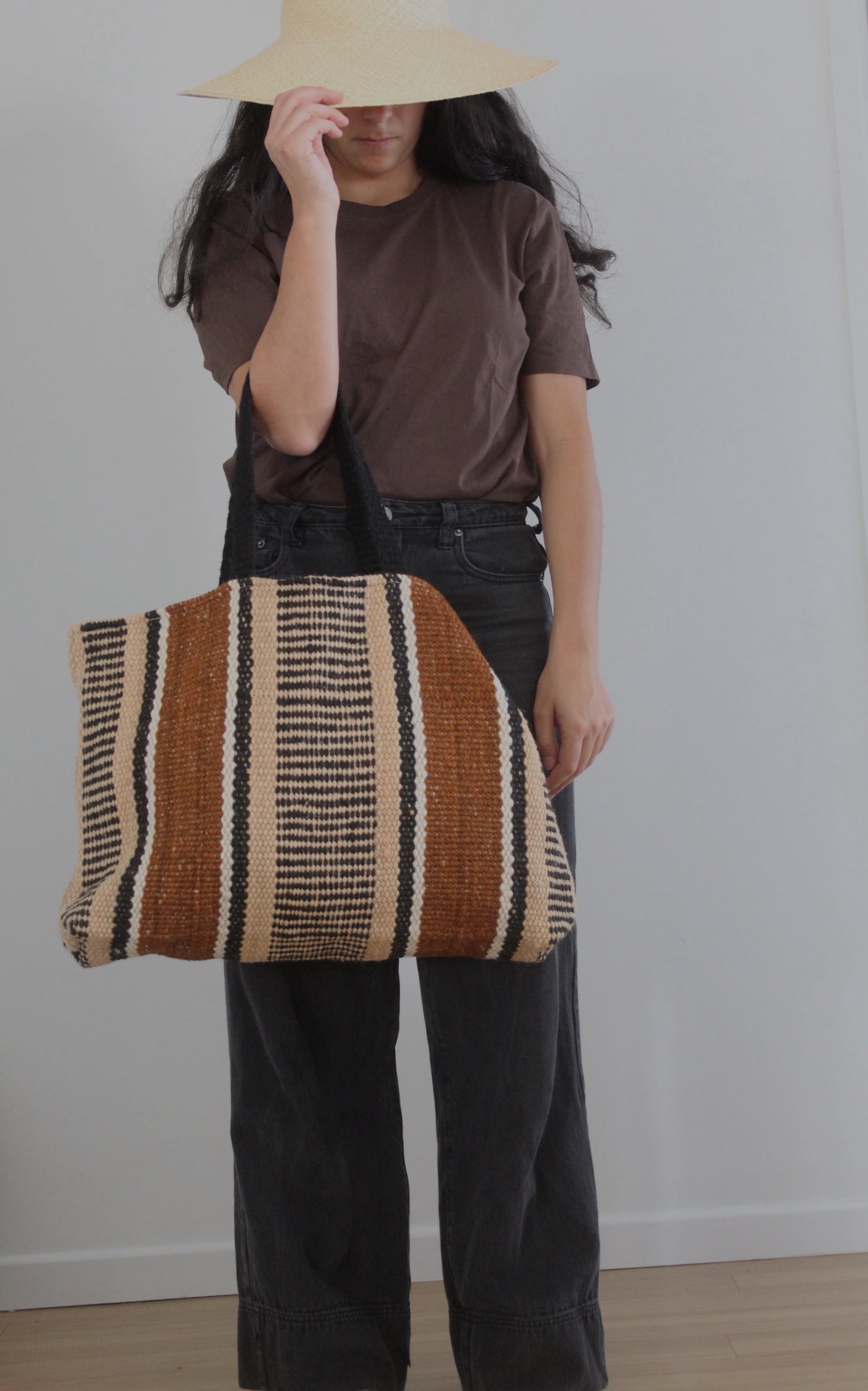 Hand woven XL Stripe Wool Bag | Beige & Coffee & Black