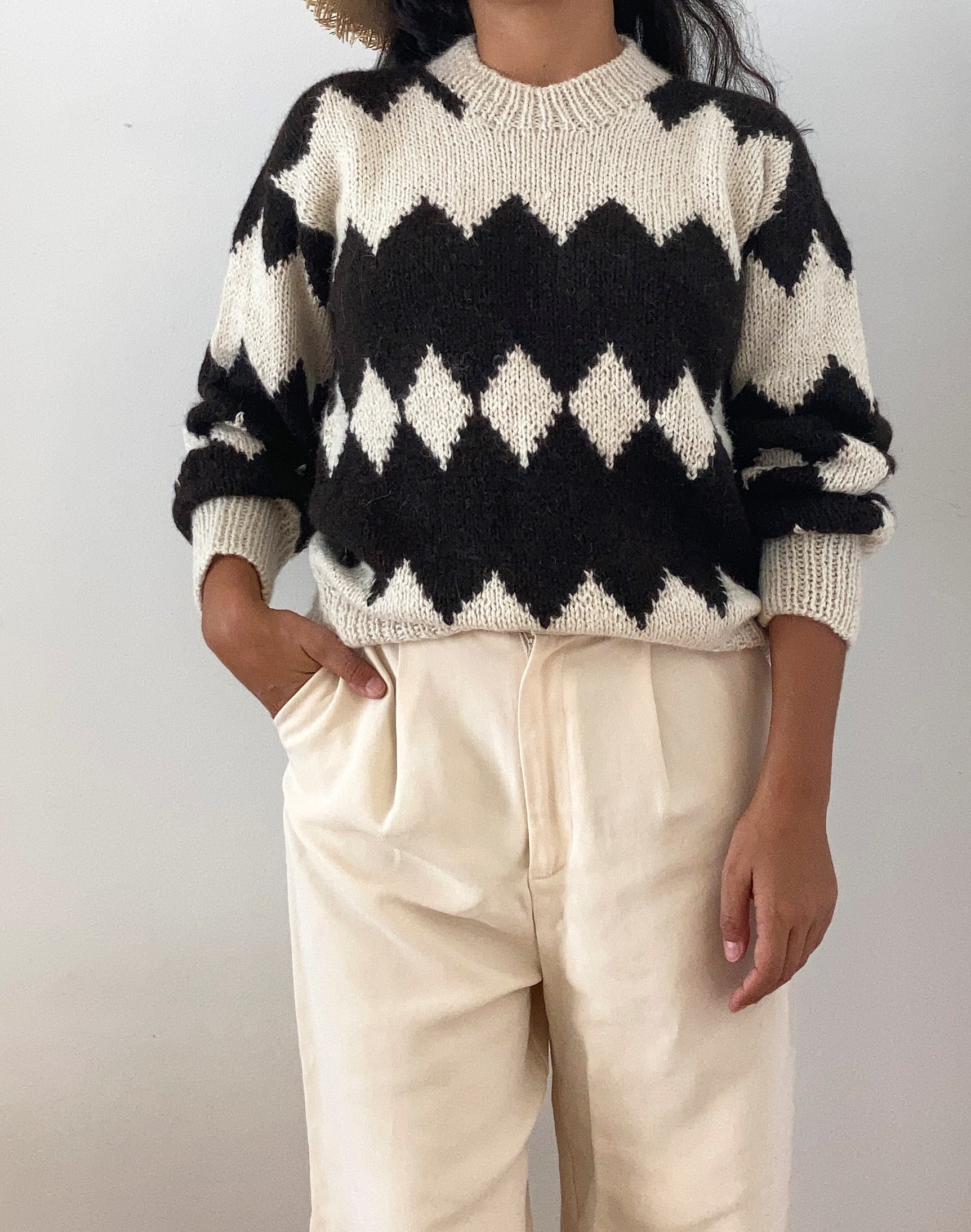 Hand Knitted Black and White Sweater, llama wool by Quechua artisans, Argentina