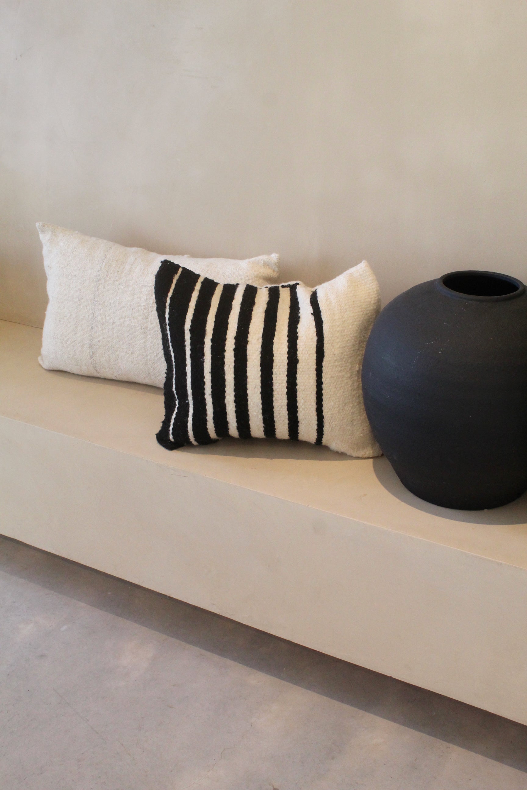Wool Square Cushion Stripe Black and Natural, handwoven sheep wool, Argentina