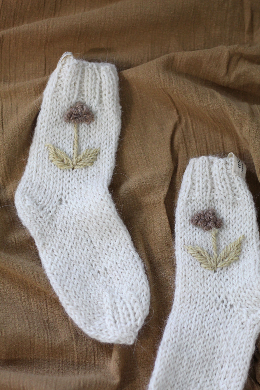 Toddler Socks Natural Hand Embroidered, llama wool, Argentina