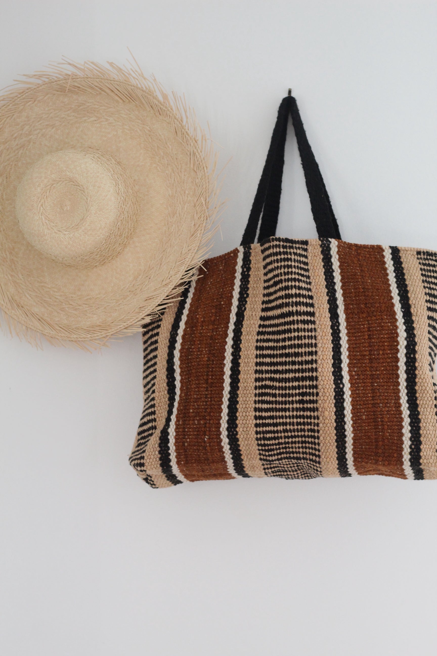 Hand woven XL Stripe Wool Bag | Beige & Coffee & Black