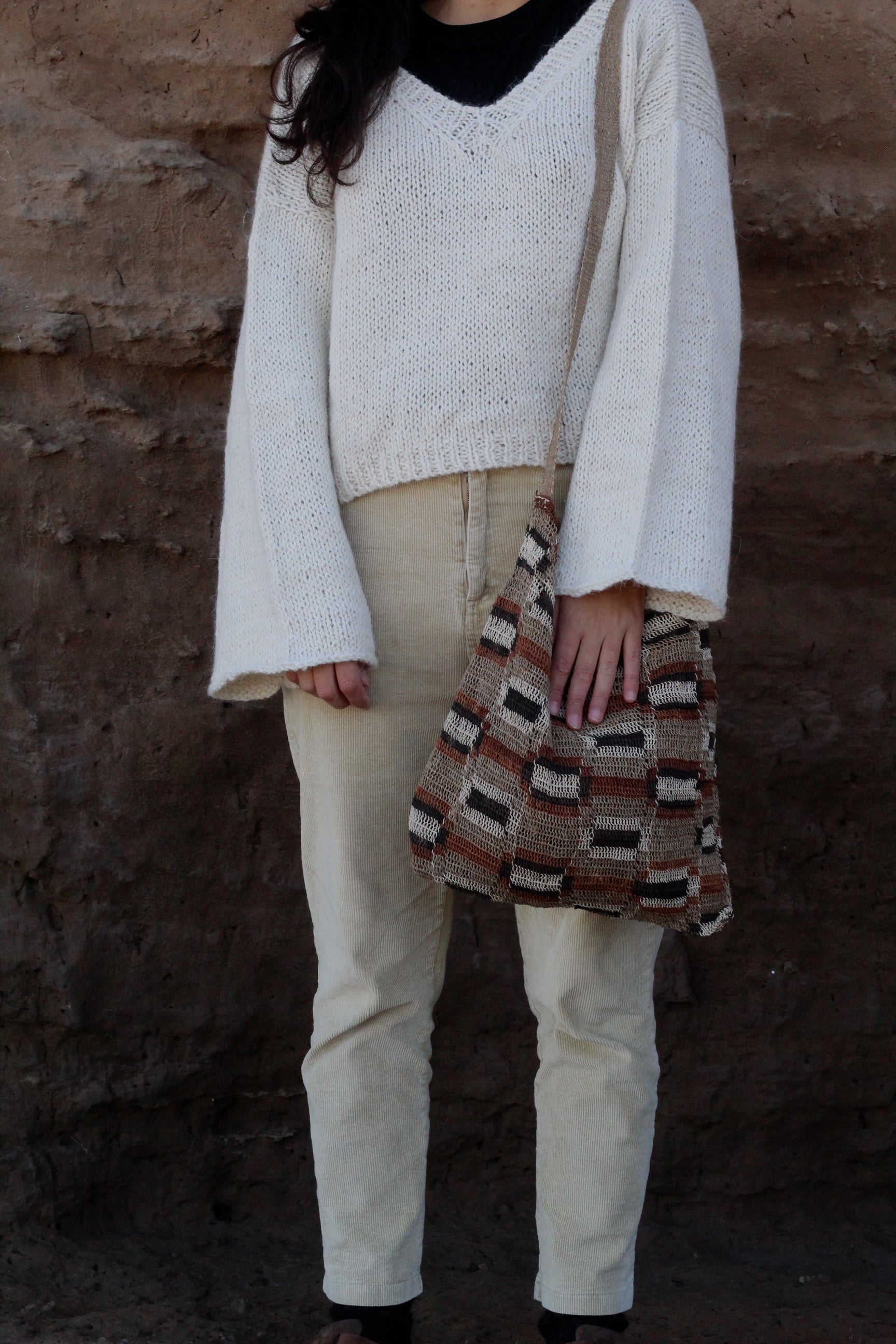 V-Neck Natural Cropped Sweater, llama wool by Quechua artisans, Argentina