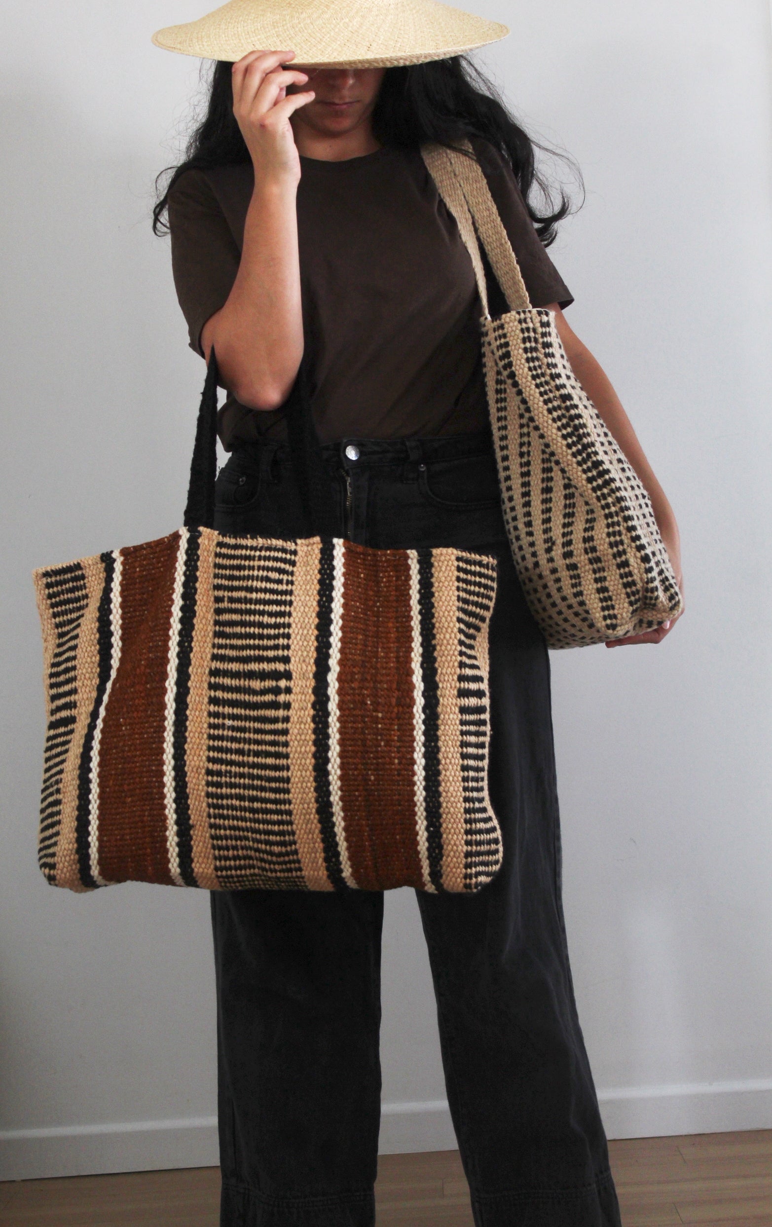 Hand woven XL Stripe Wool Bag | Beige & Coffee & Black