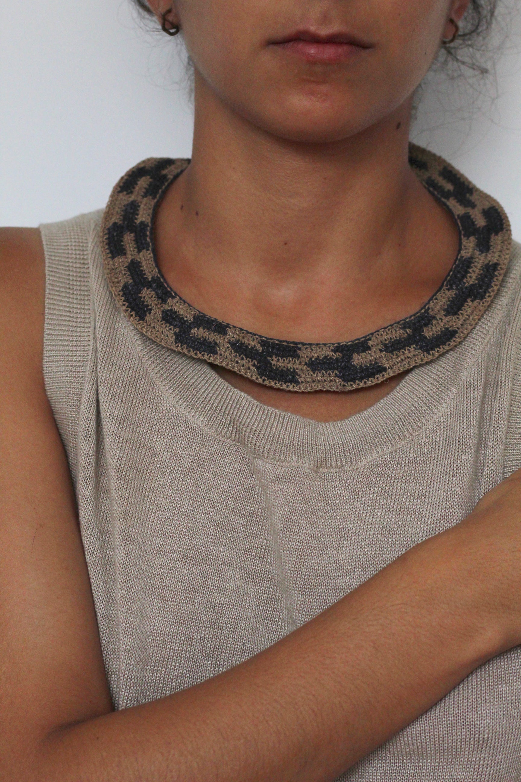 Necklace #099 Chocolate and Dark Blue, handwoven chaguar by Wichi artisans, Argentina