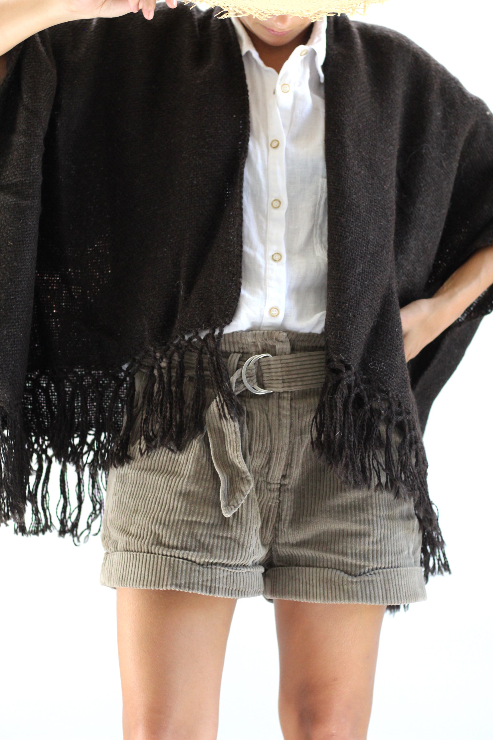 Llama Wool Mid Length Poncho | Black