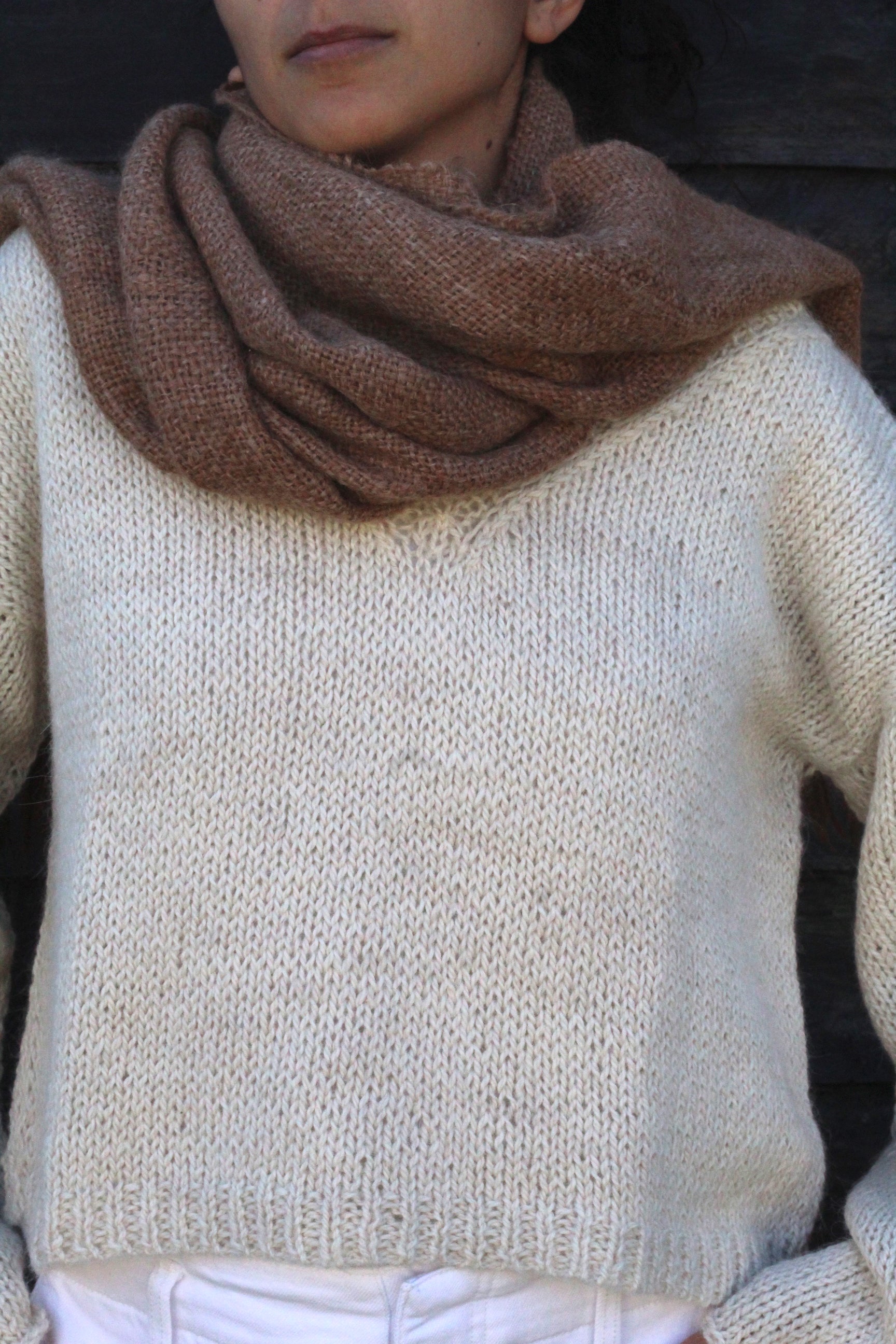 V-Neck Natural Cropped Sweater, llama wool by Quechua artisans, Argentina