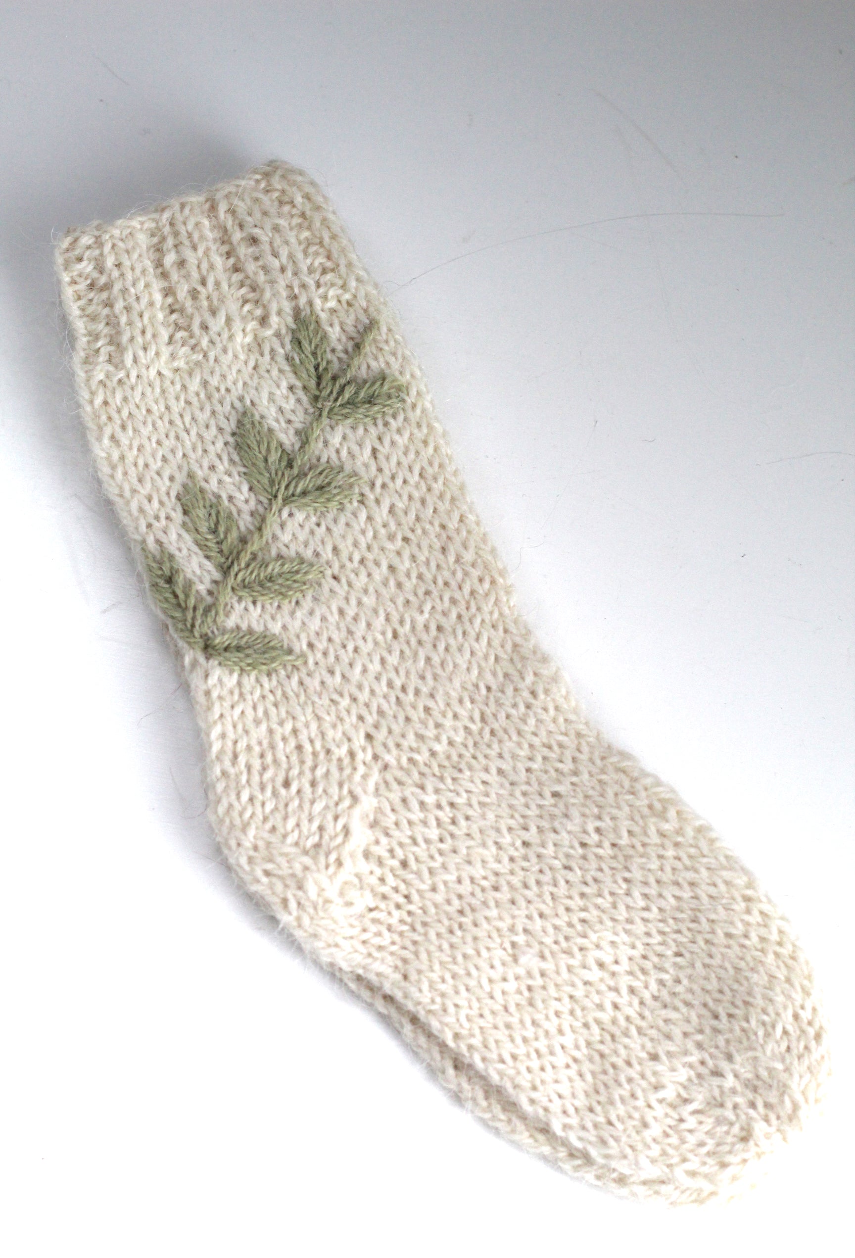 Kids Socks Natural and Green Hand-Embroidered, llama wool, Argentina