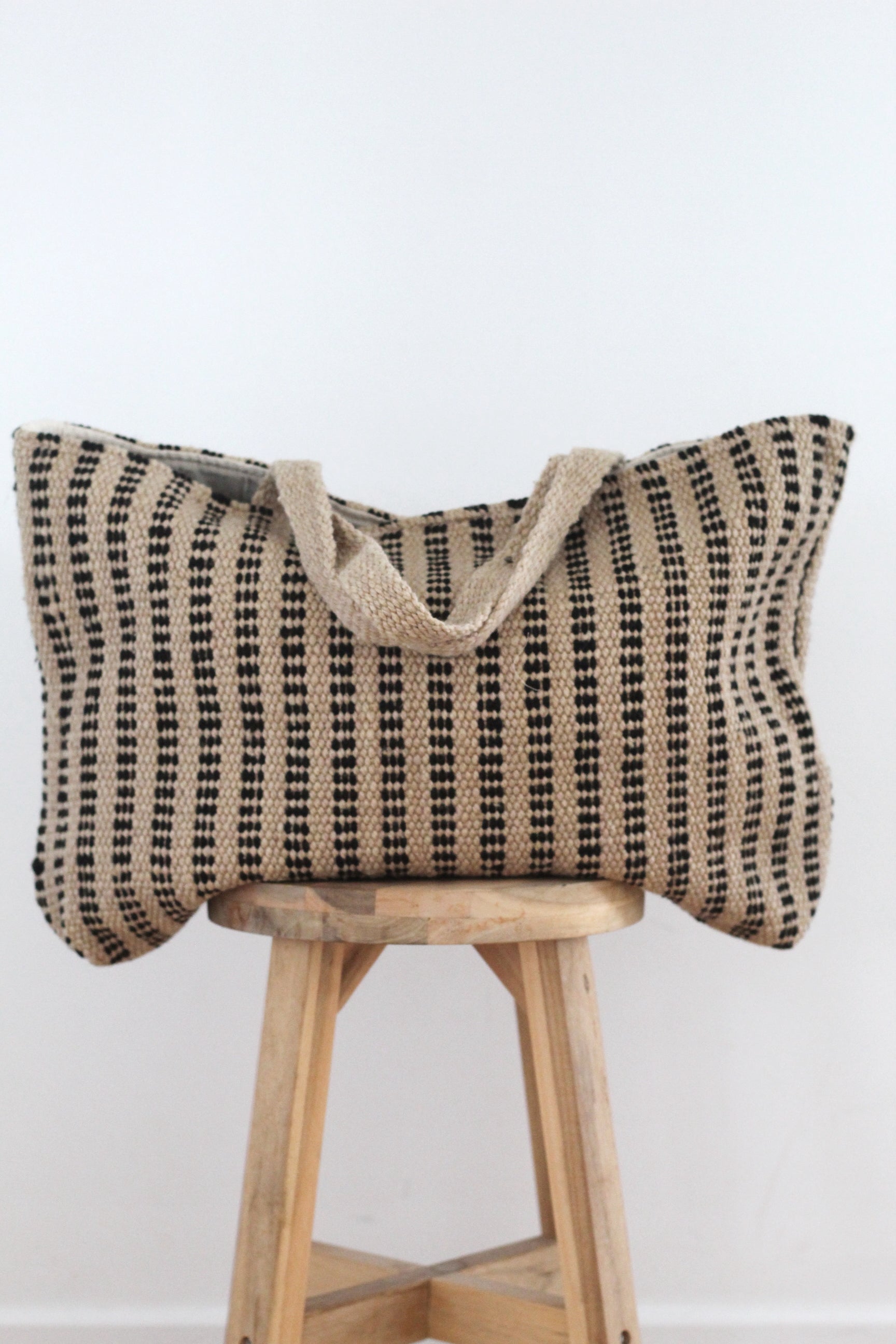 Hand woven XL Stripe Wool Bag | Beige & Black