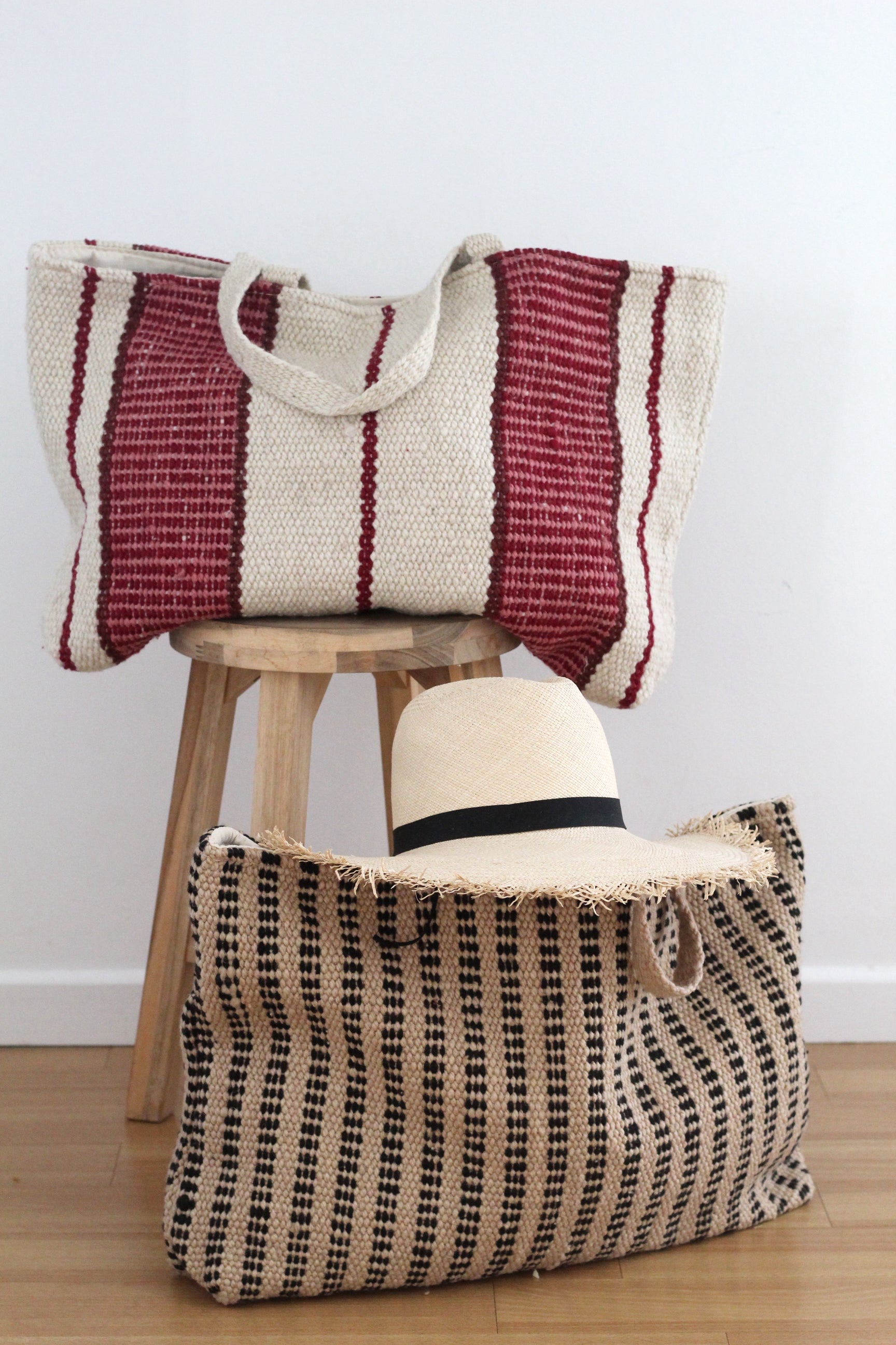Hand Woven XL Stripe Wool Bag Natural and Plum, hand-loomed sheep wool, Argentina