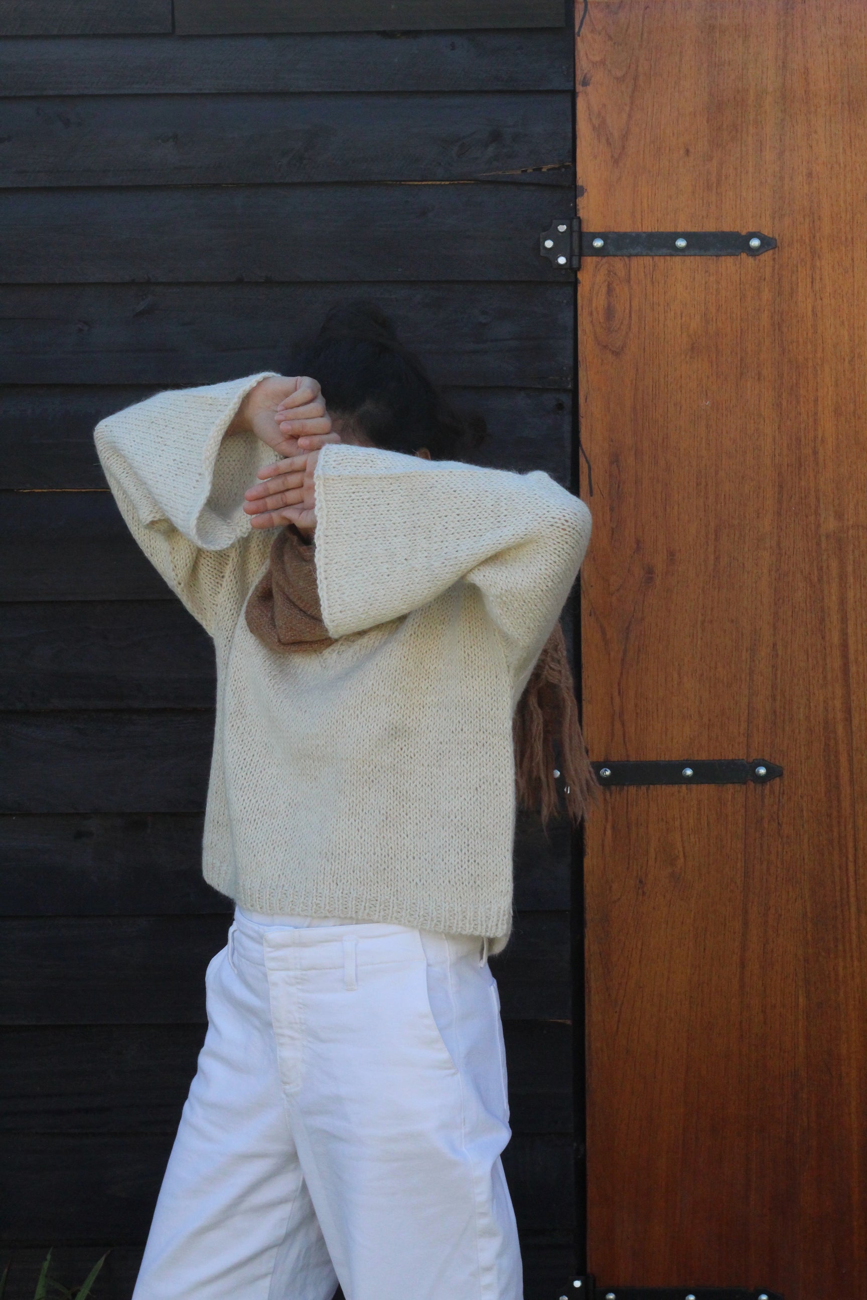 V-Neck Natural Cropped Sweater, llama wool by Quechua artisans, Argentina